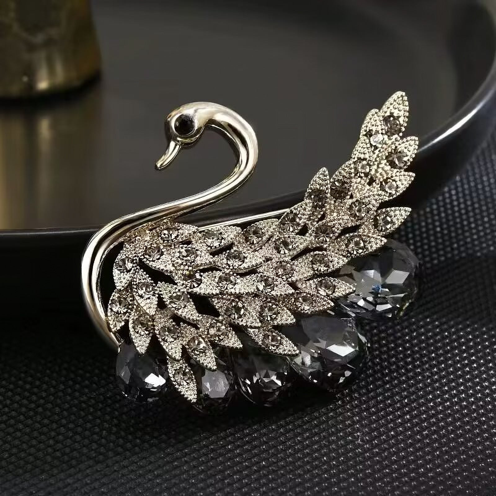 Swan" brooch, anthracite with rhinestones