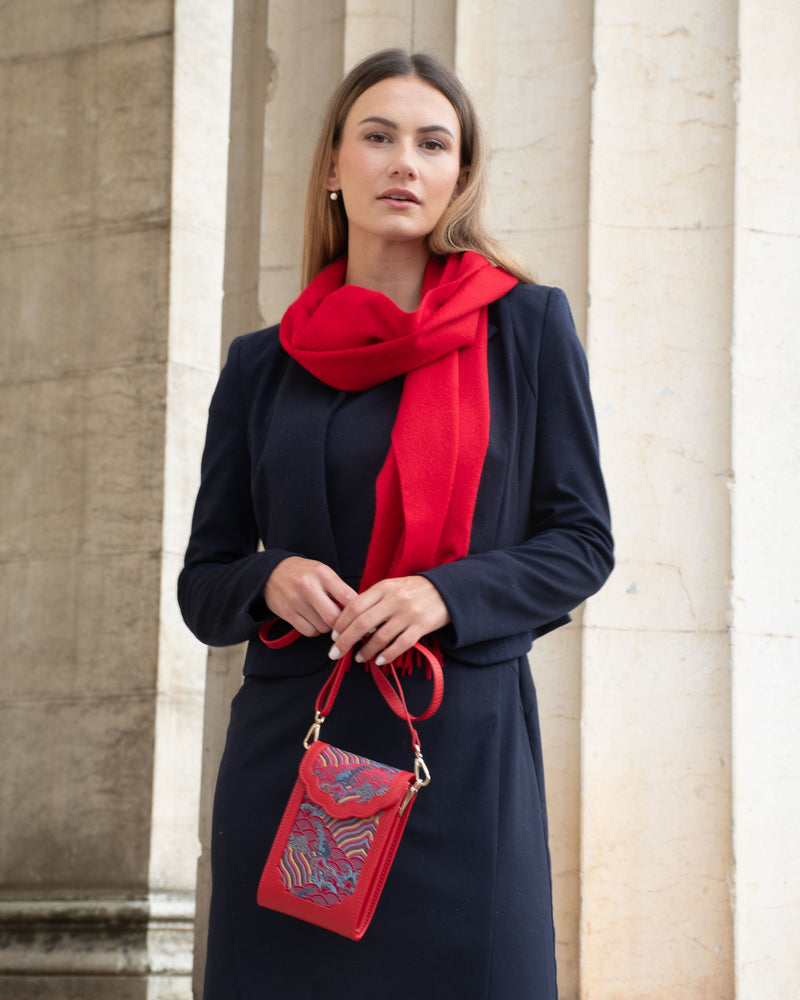 Shoulder bag cowhide leather silk red