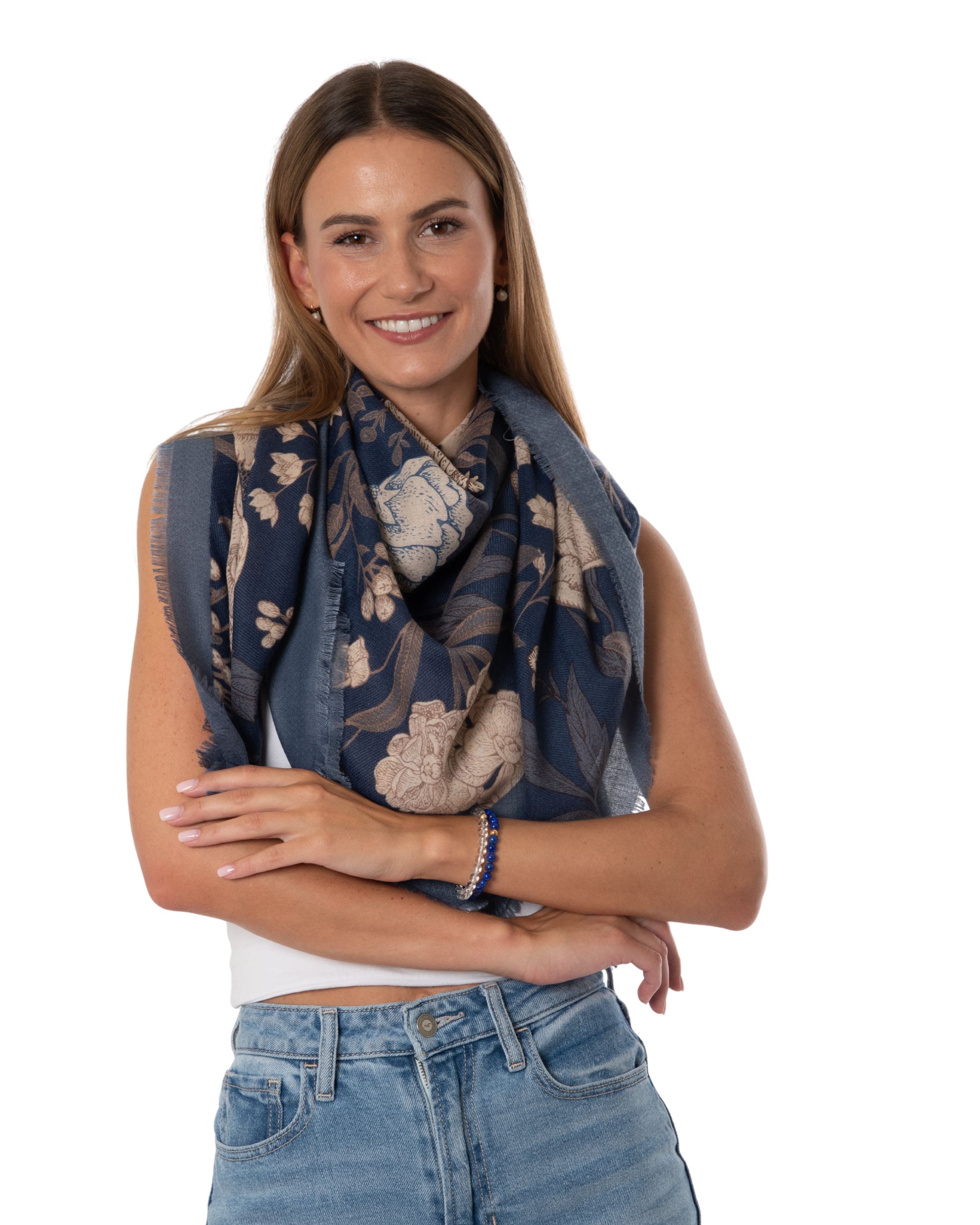 Large fashion scarf Cashmere Feeling 130x130cm Floral blue