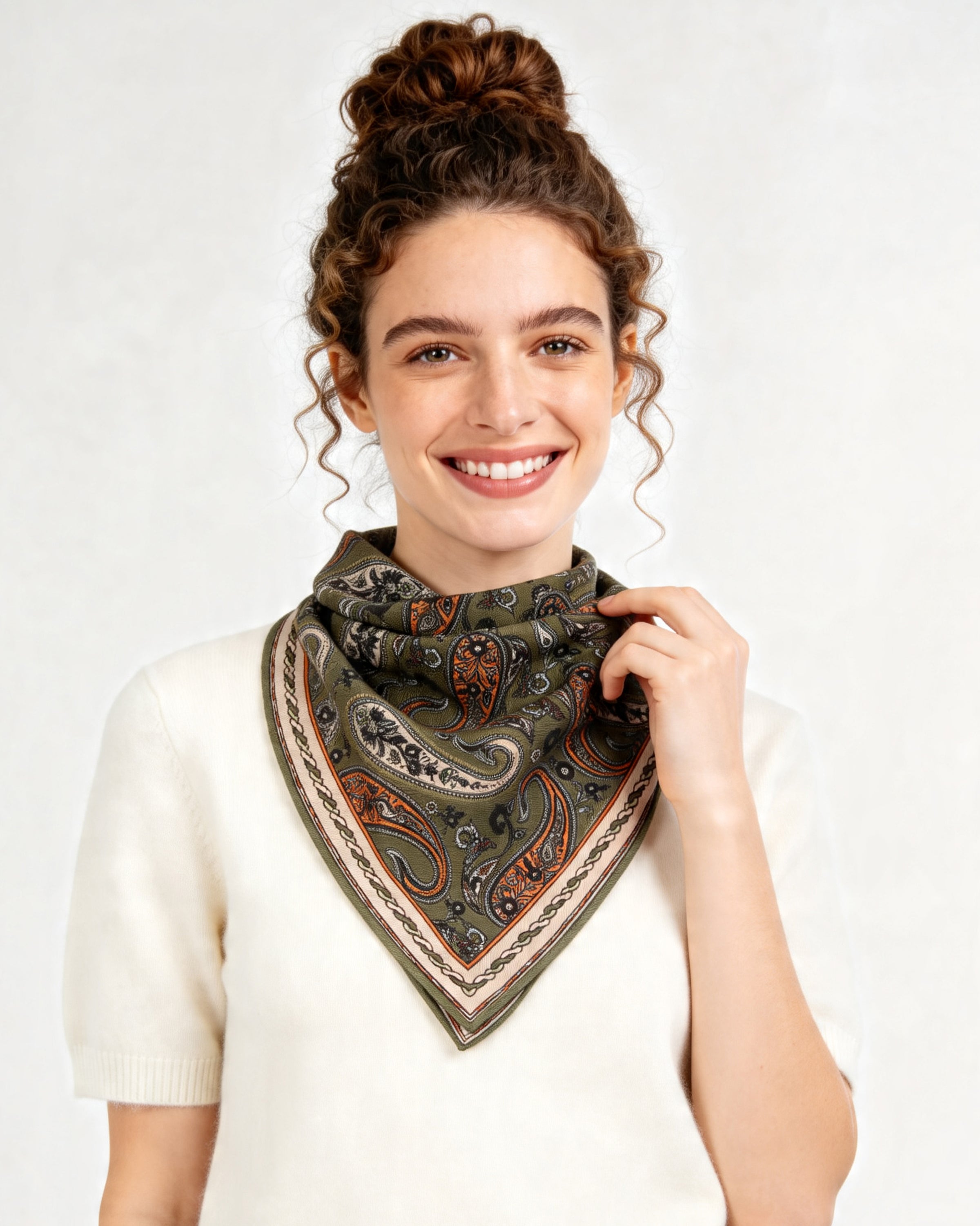 Silk scarf wool and silk square 64x64cm, paisley olive