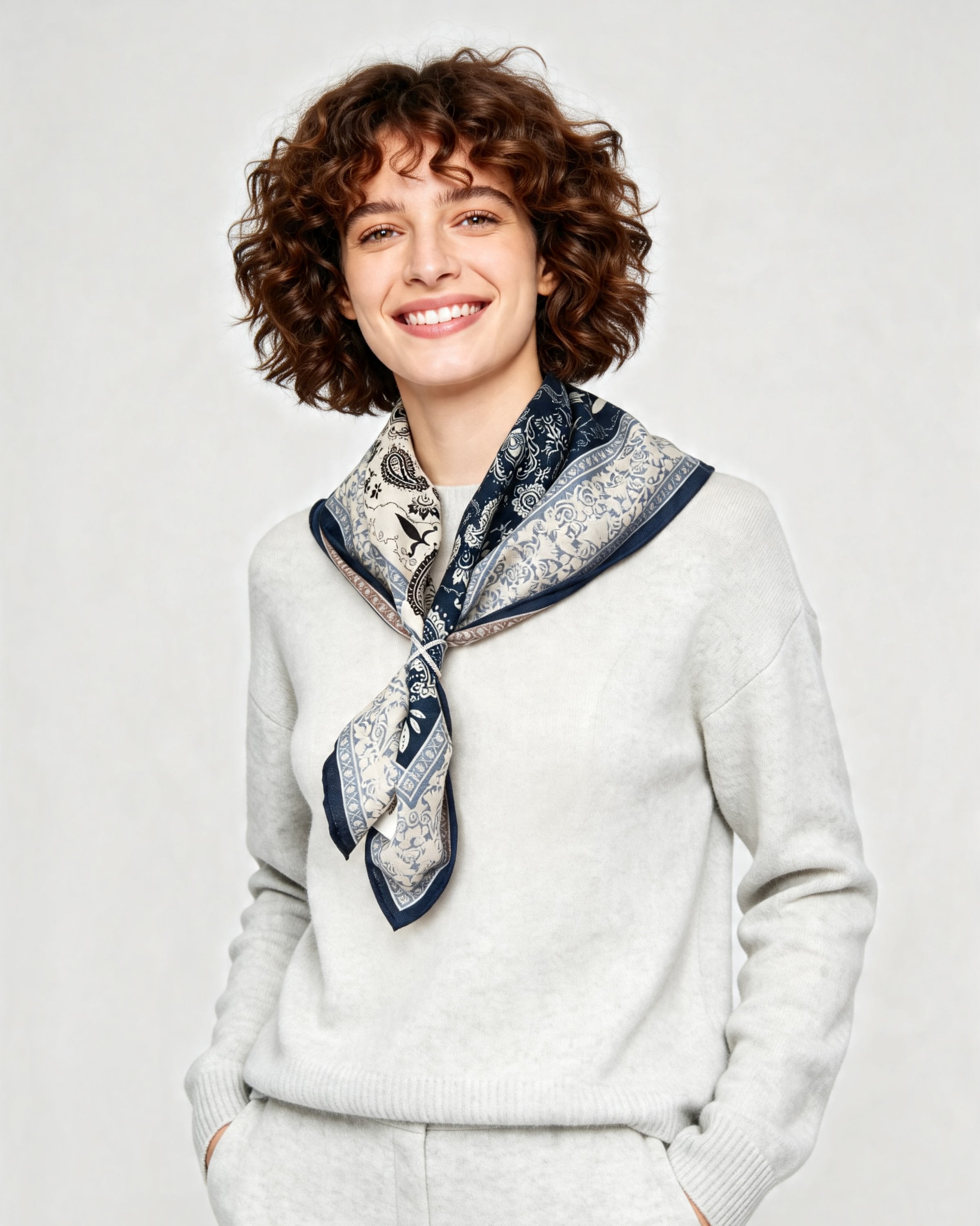 Seidentuch Wolle und Seide quadratisch  64x64cm, Paisley dunkelblau doppelseitig