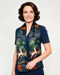 Silk scarf both sides, lucky deer dark blue 16x145