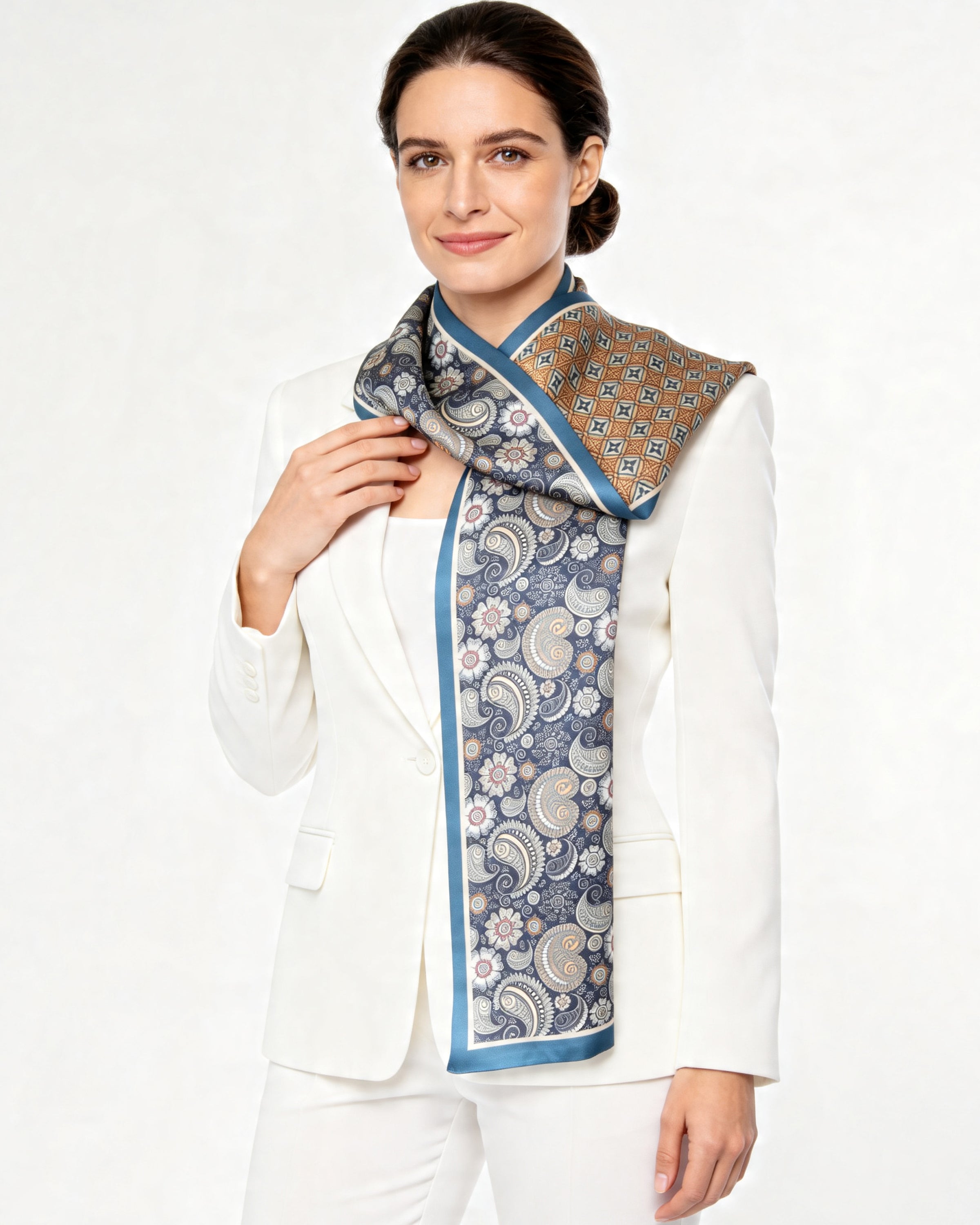 Silk scarf, double-sided, paisley blue, 16 x 145 cm