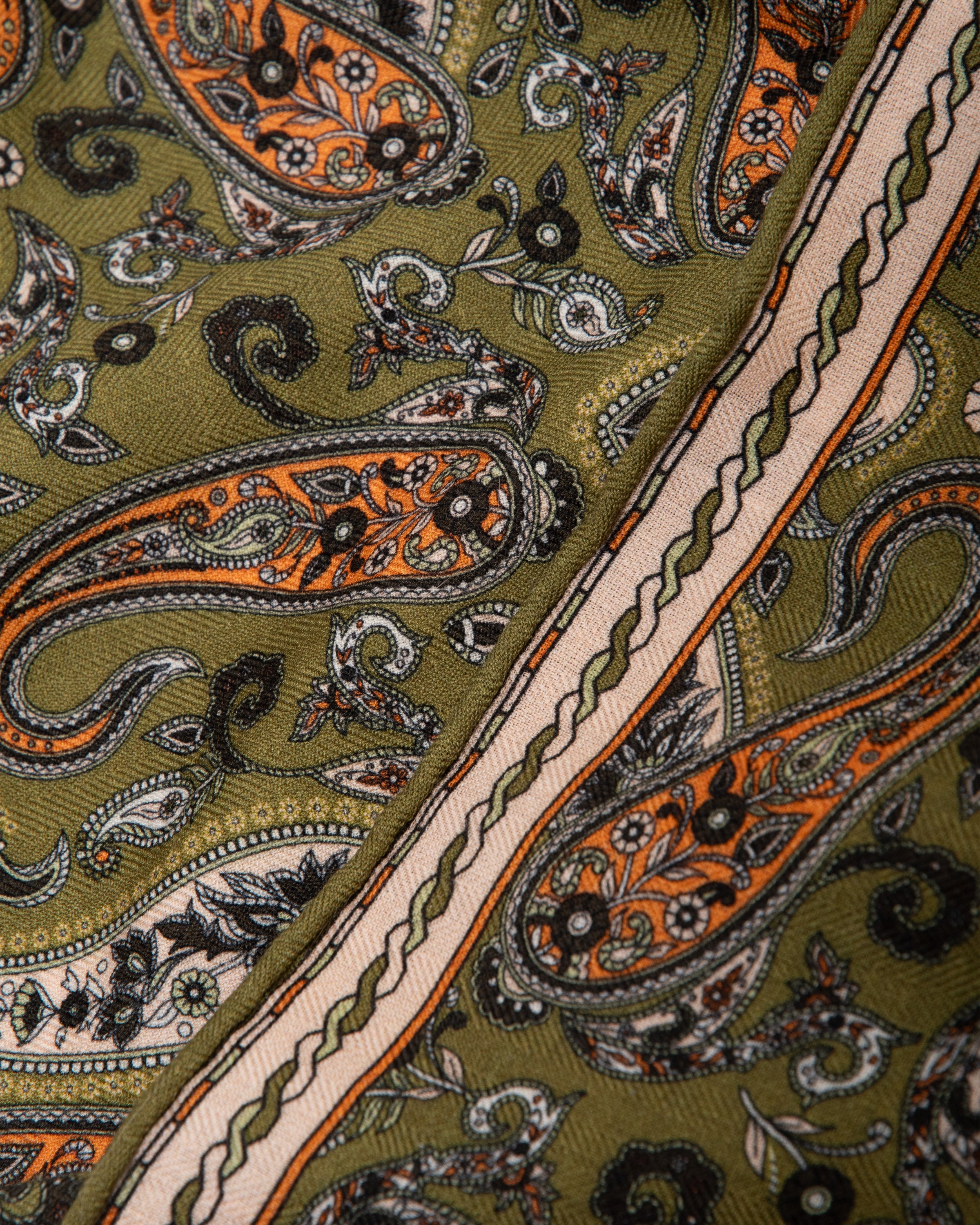 Silk scarf wool and silk square 64x64cm, paisley olive