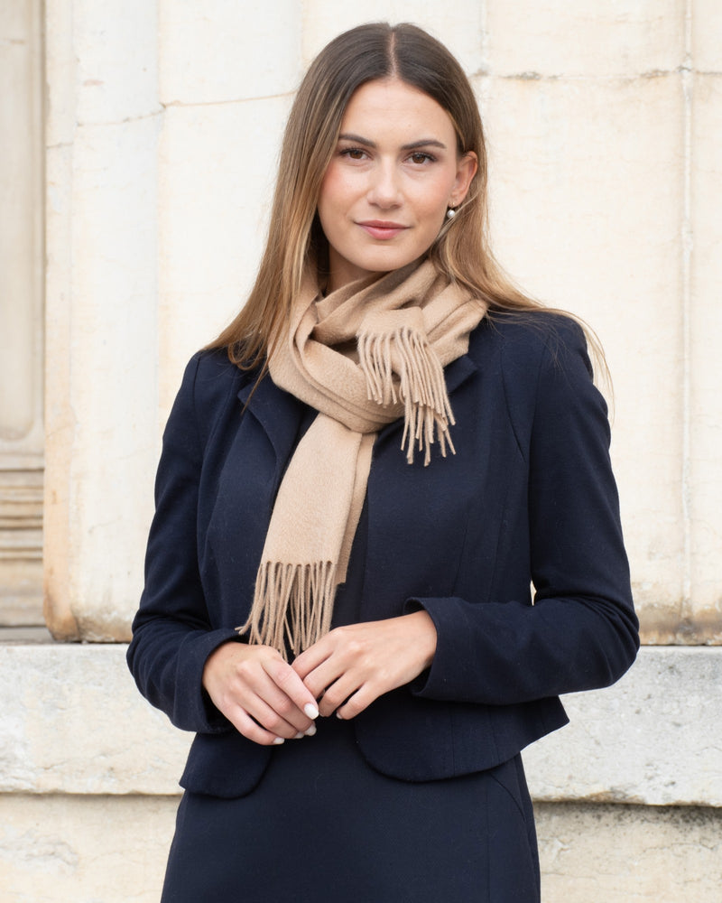 Echarpe 100% cachemire, 180 x 30, tissée, uni camel