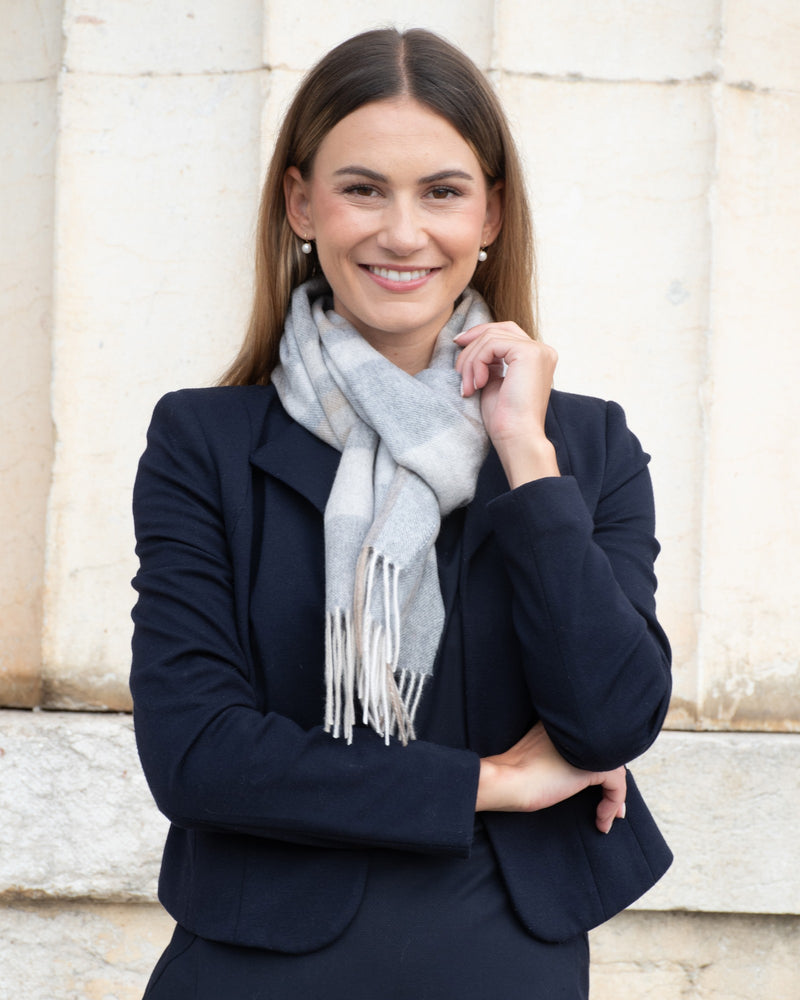 Echarpe 100% cachemire, 180 x 30, tissée, à carreaux gris beige