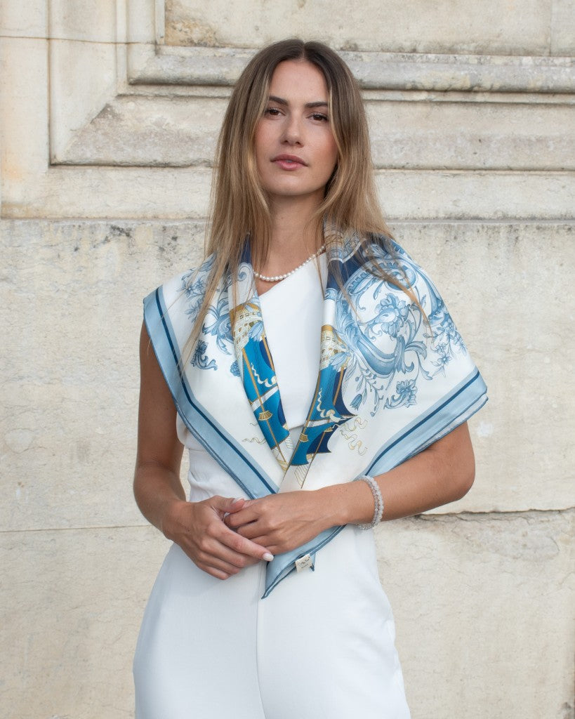 Silk scarf Premium with hand-rolled edge square 86x86, Maritime Baroque