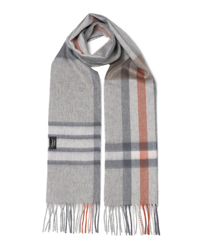 Écharpe cachemire tartan gris blanc marron