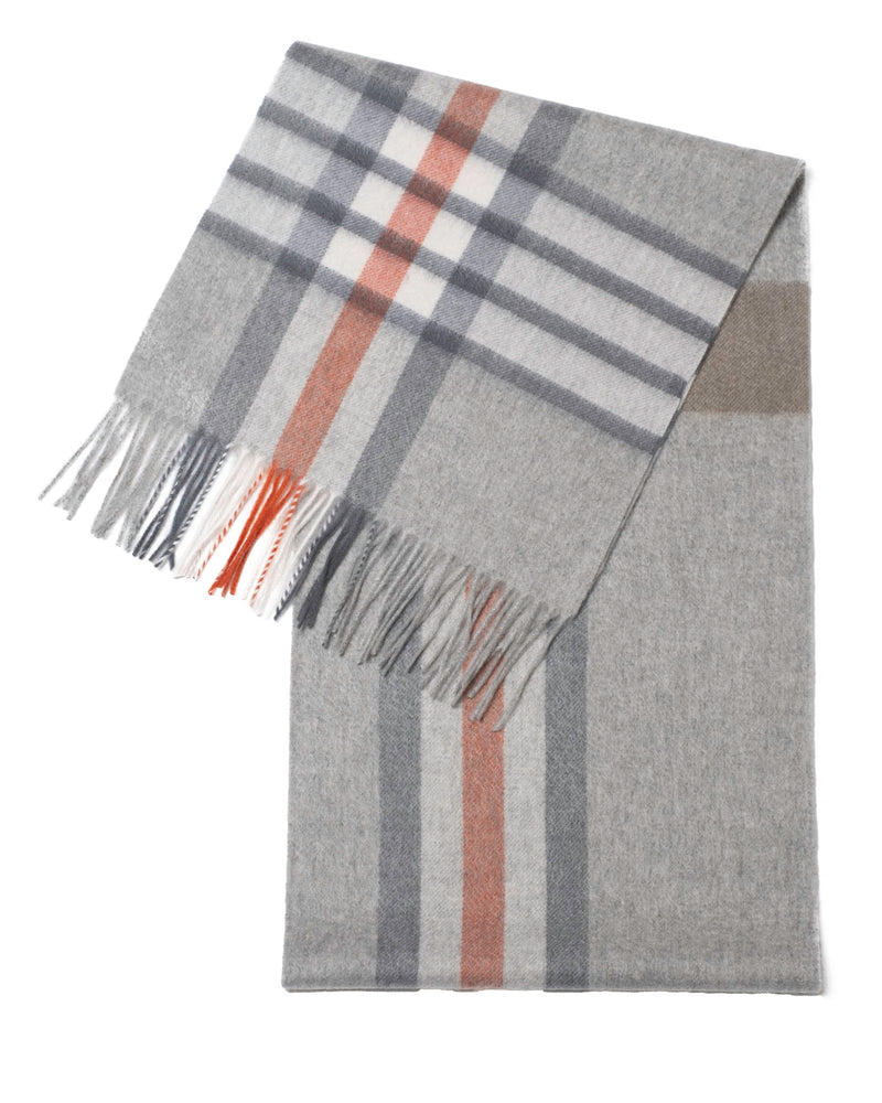 Écharpe cachemire tartan gris blanc marron