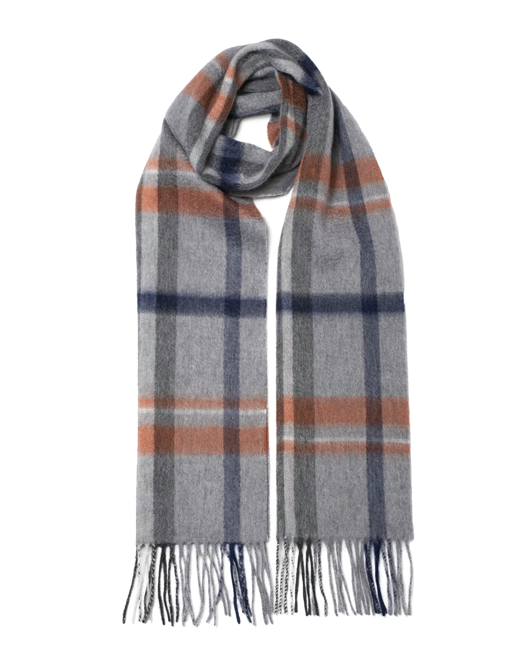 Écharpe cachemire tartan gris blanc bleu
