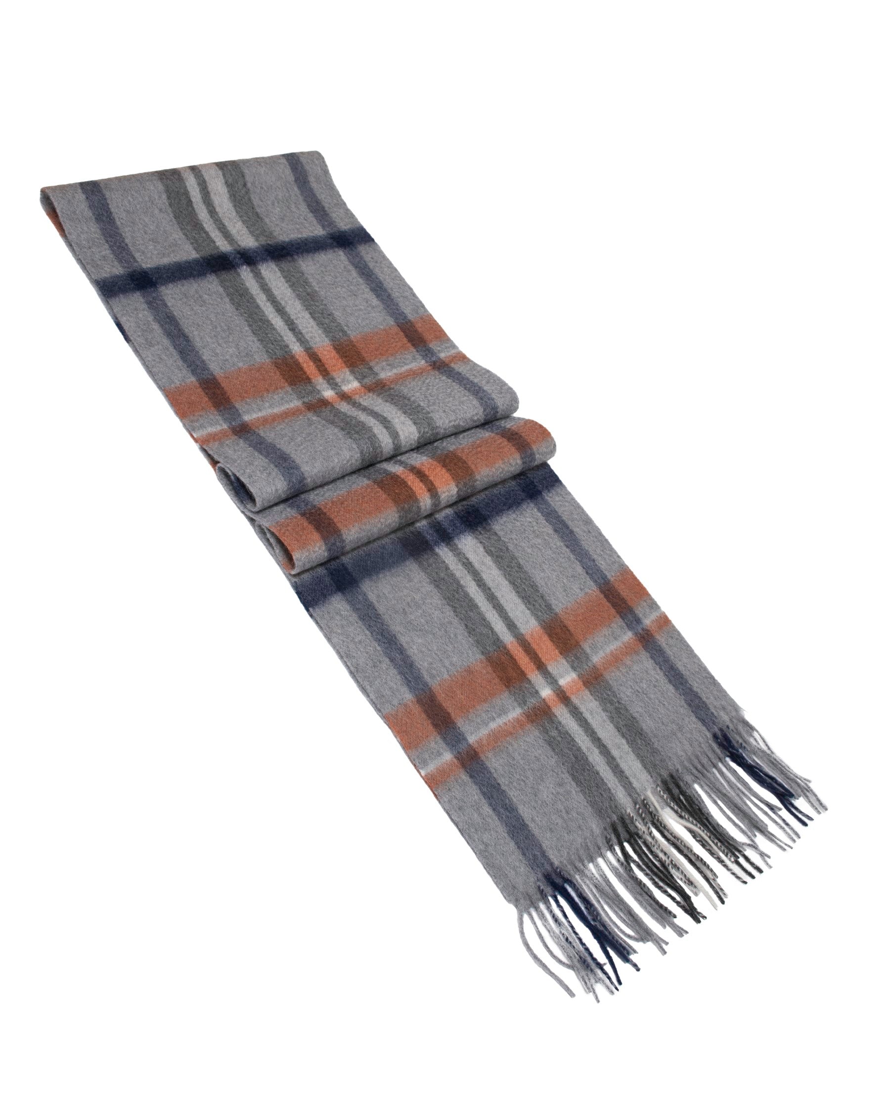 Écharpe cachemire tartan gris blanc bleu