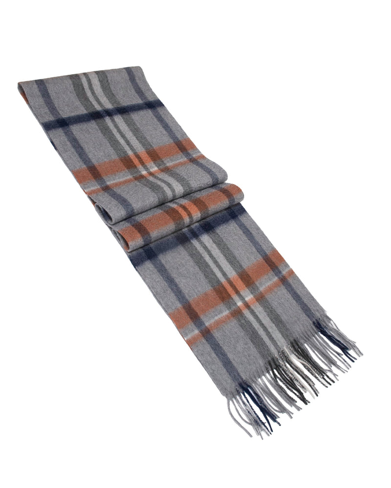Écharpe cachemire tartan gris blanc bleu