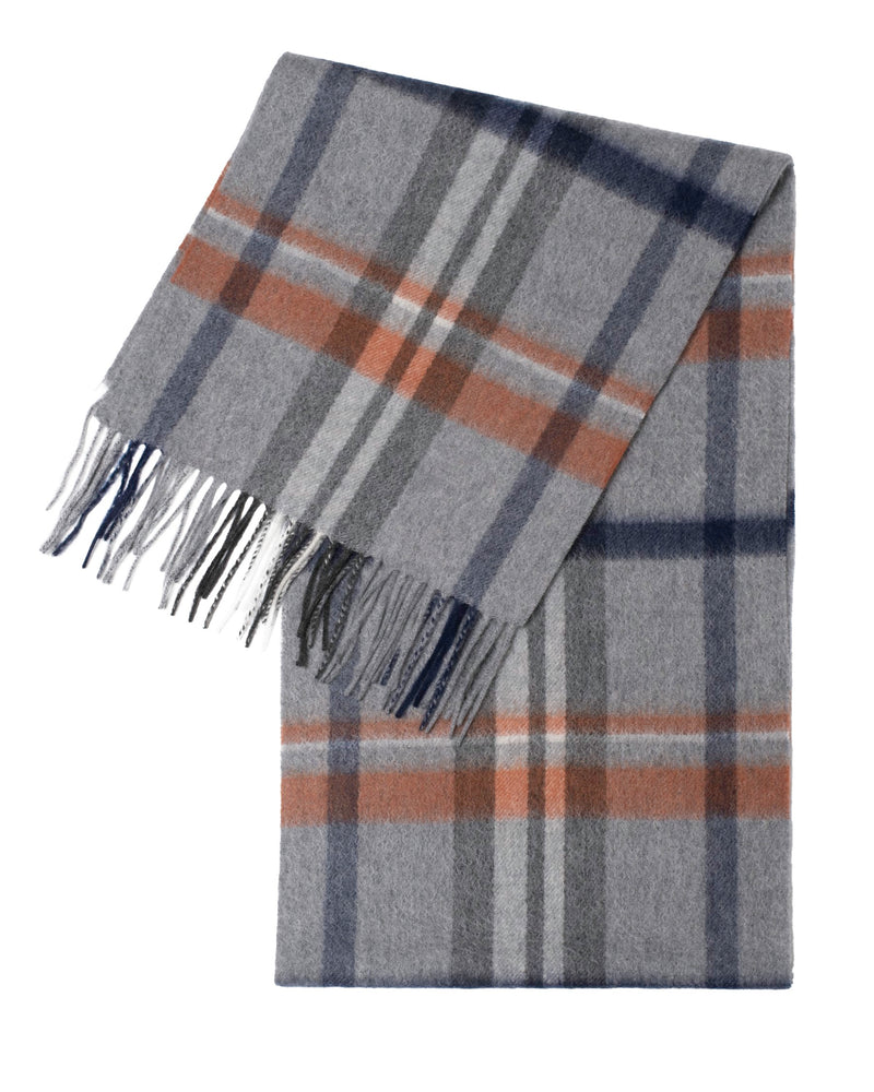 Écharpe cachemire tartan gris blanc bleu