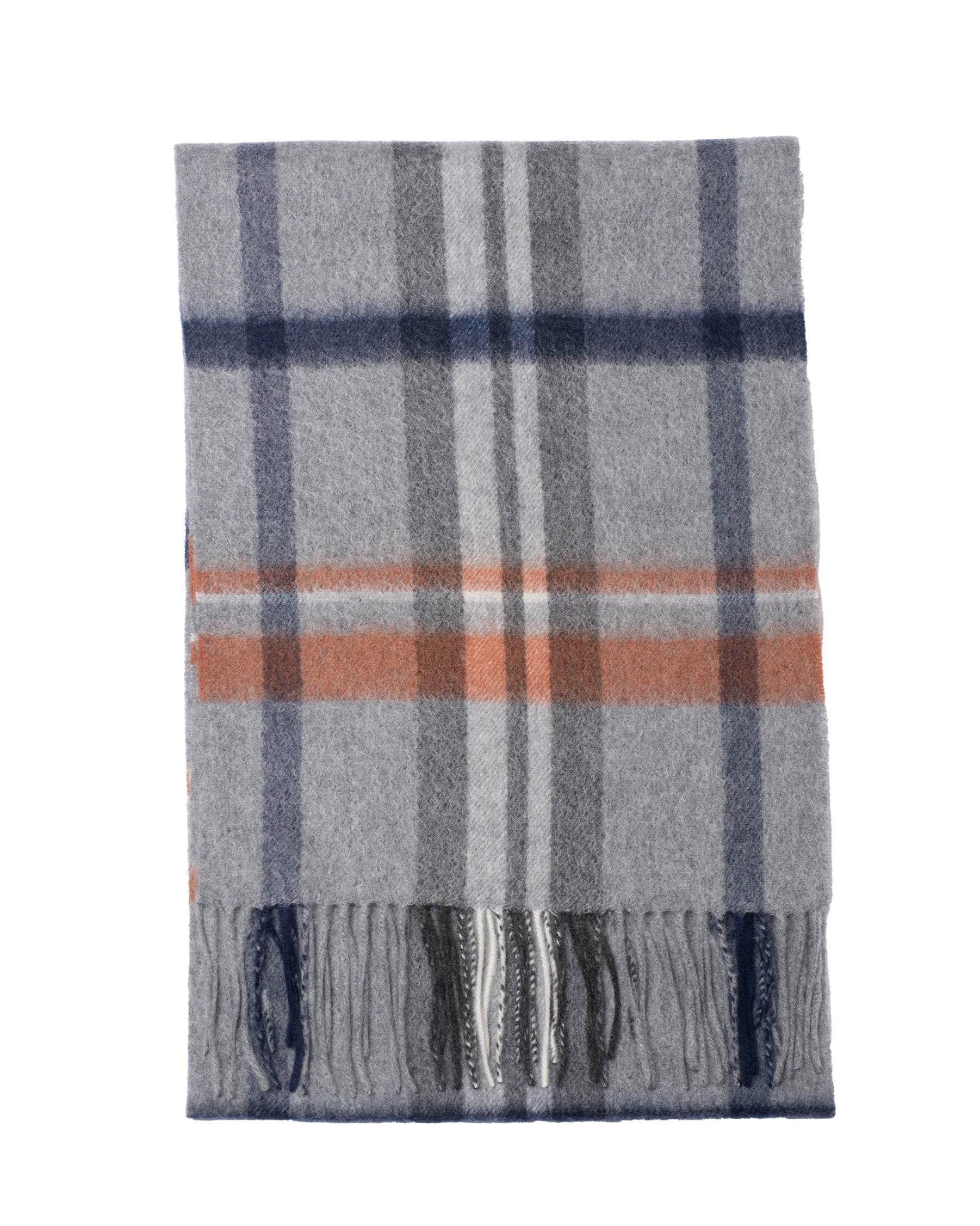 Écharpe cachemire tartan gris blanc bleu