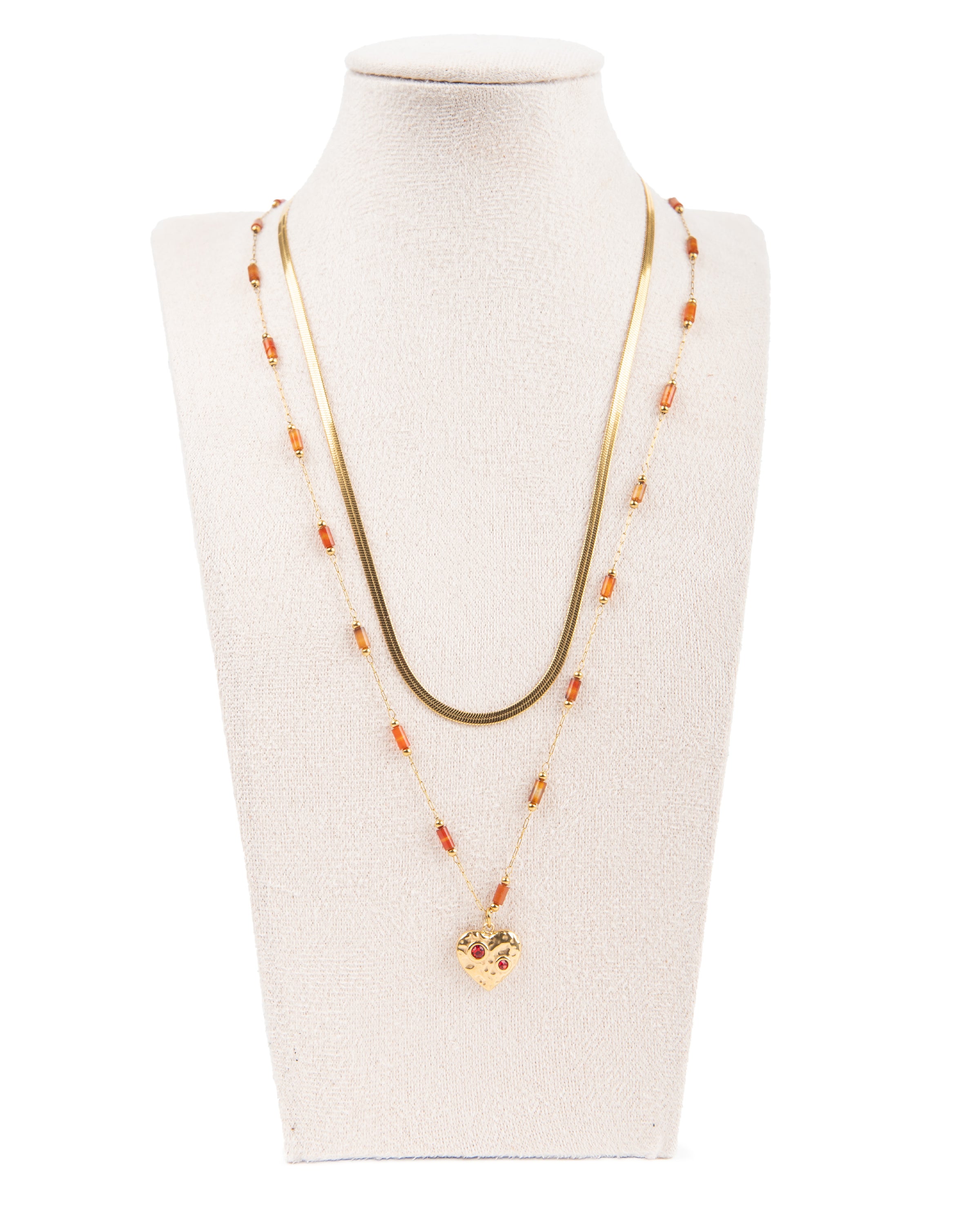 Edelstahl Kettenset 18K vergoldet  Karneol Herz