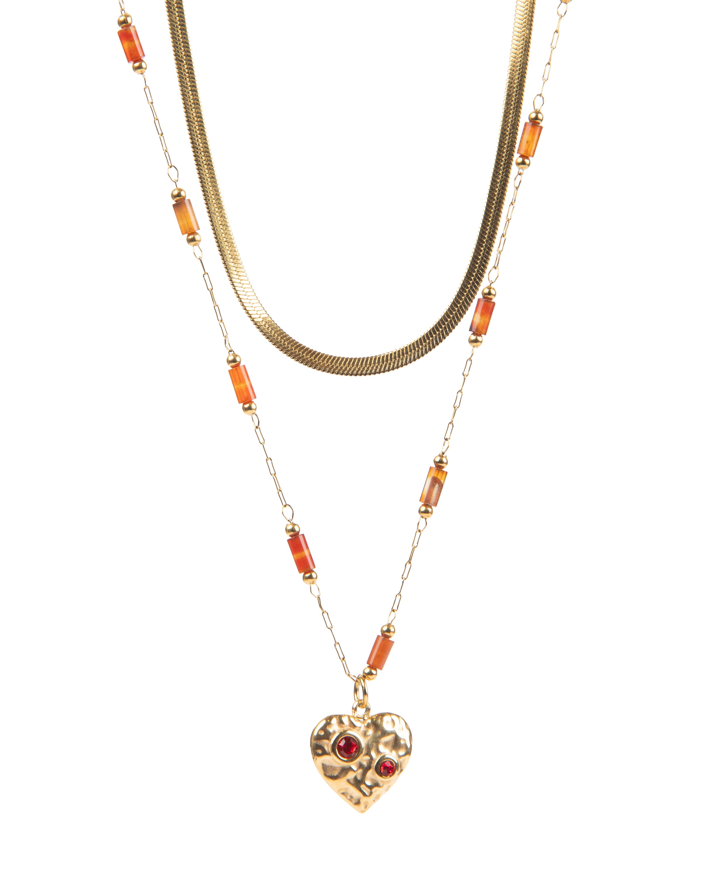Edelstahl Kettenset 18K vergoldet  Karneol Herz