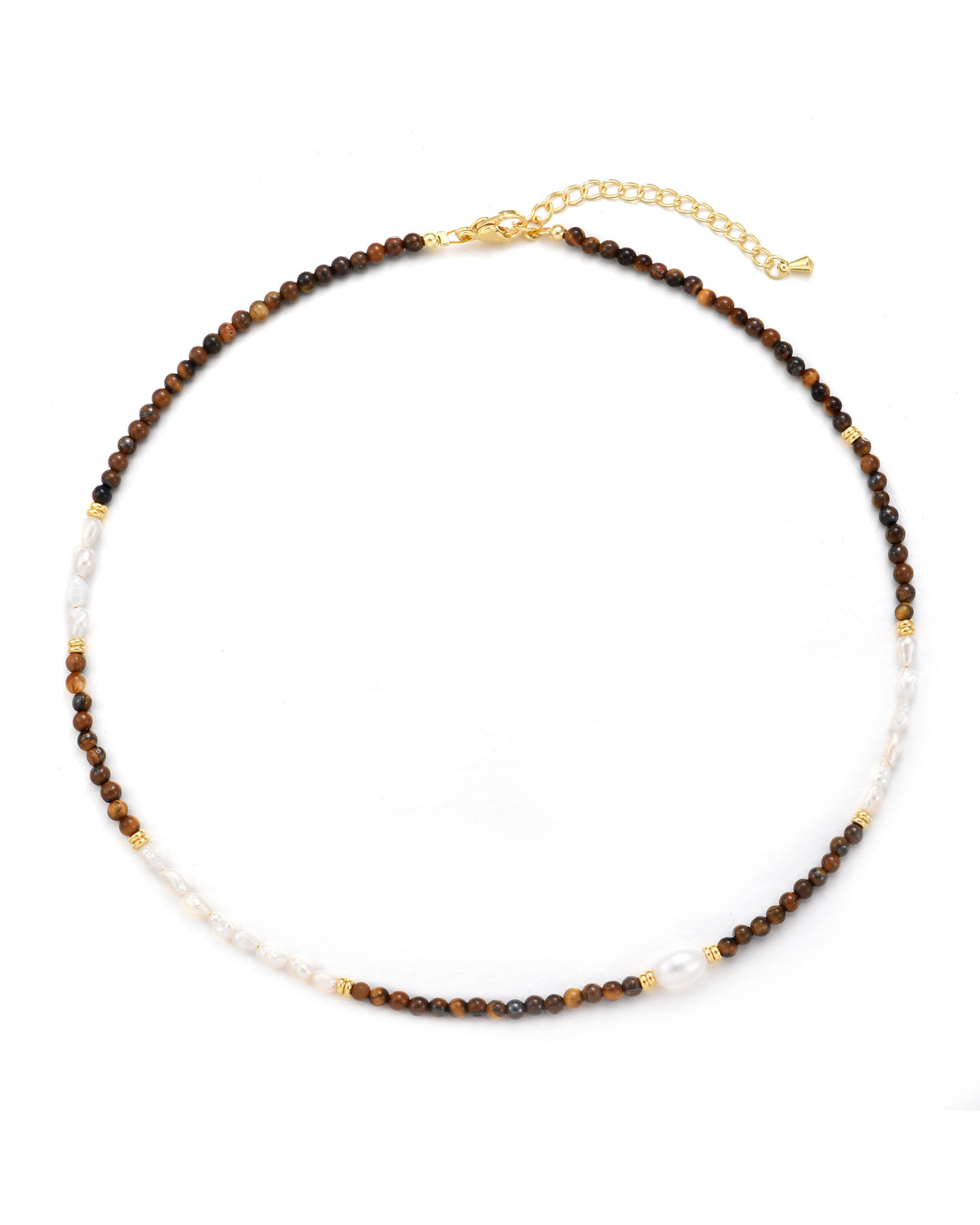 MayTree Edelsteinkette mit Tigeraugen und Süßwasserperlen, Kupfer vergoldet