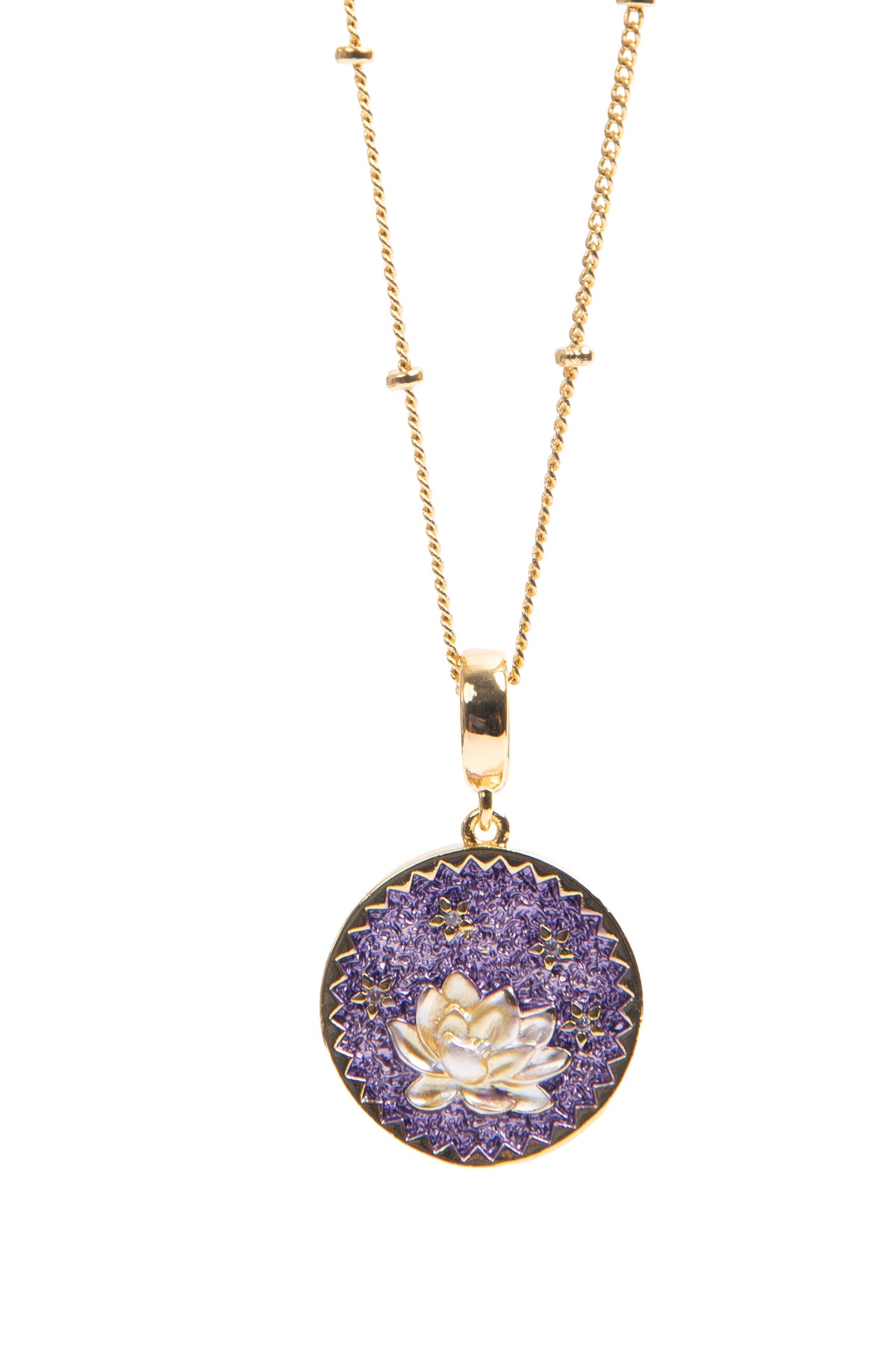 MayTree Halskette Blütenmedaillon – Lotus lila, handbemalt, 18K vergoldet