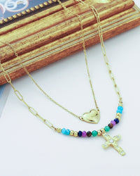 Edelstahl Kettenset 18K vergoldet  Kreuz und Herz