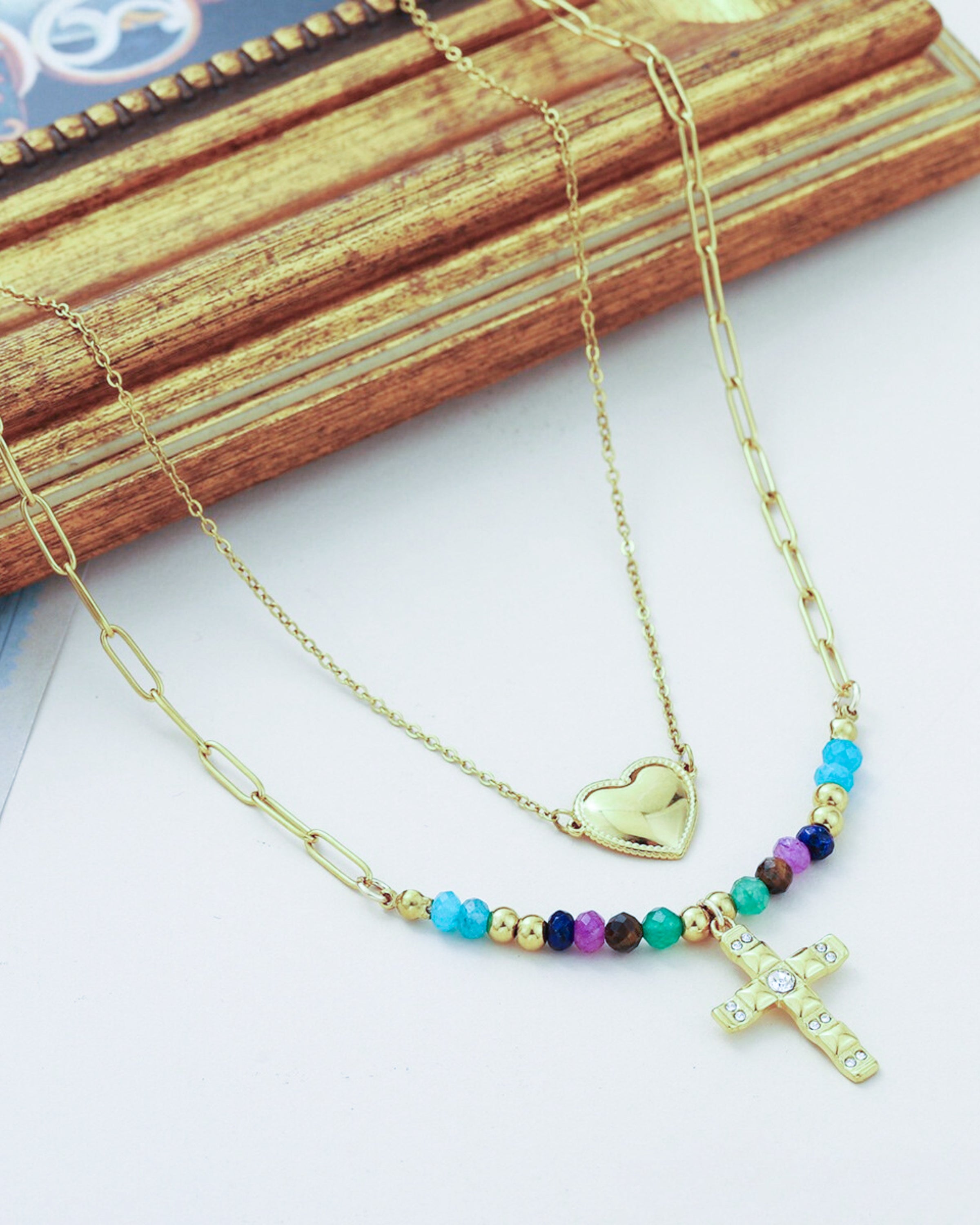 Edelstahl Kettenset 18K vergoldet  Kreuz und Herz