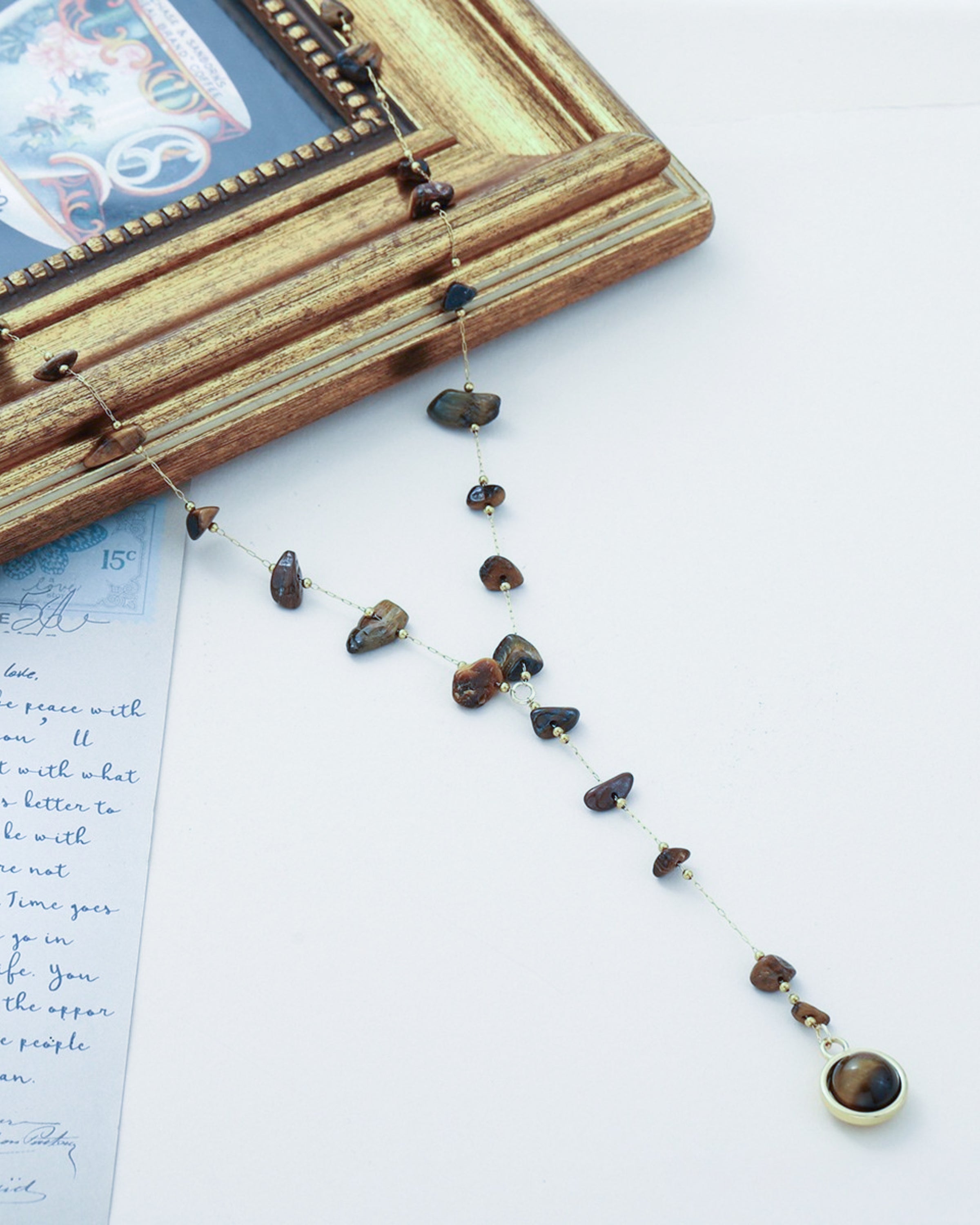 Edelstahl Y-Kette 18K vergoldet mit Tiegerauge-Anhänger