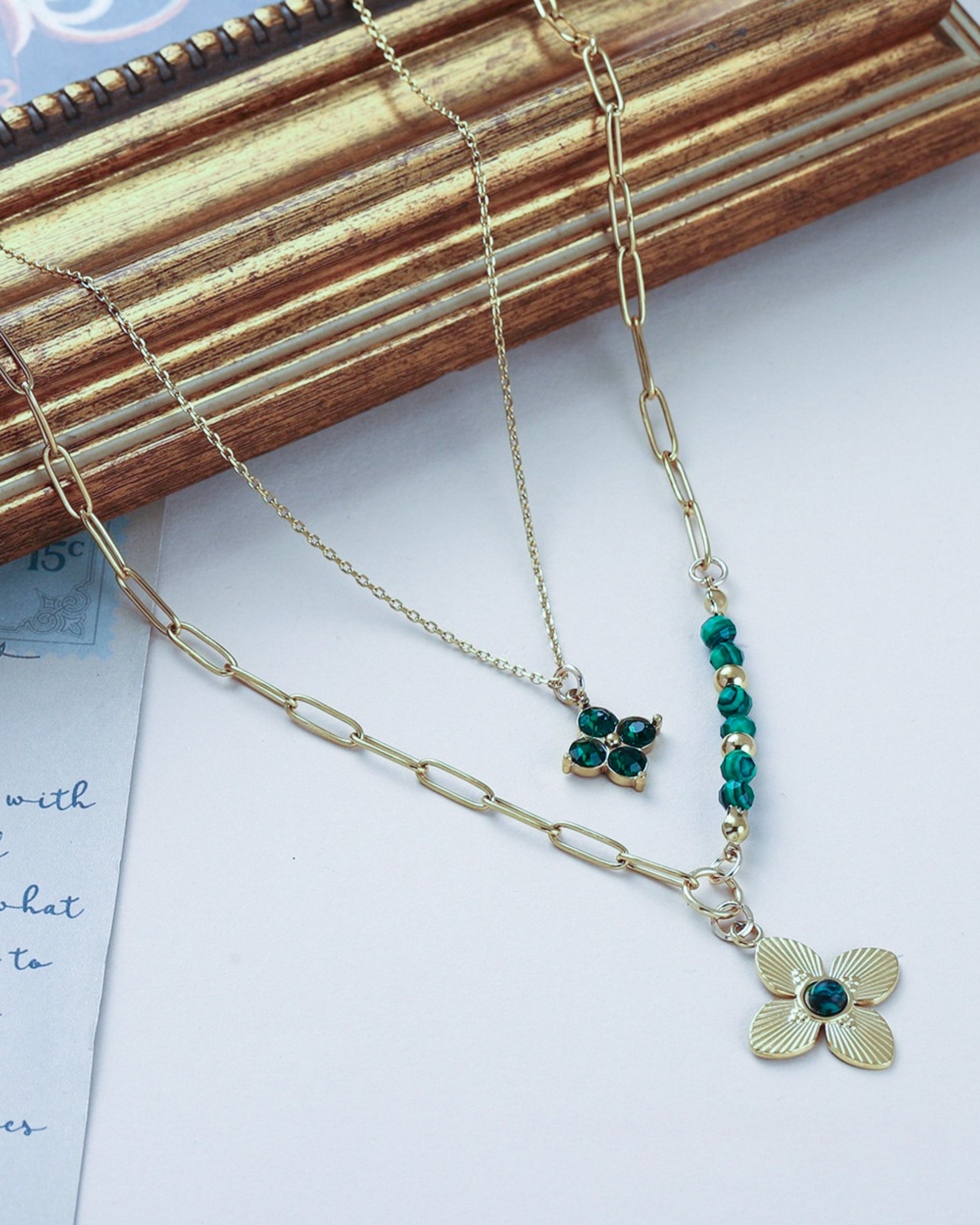 Edelstahl Kettenset 18K vergoldet  grüner Klee