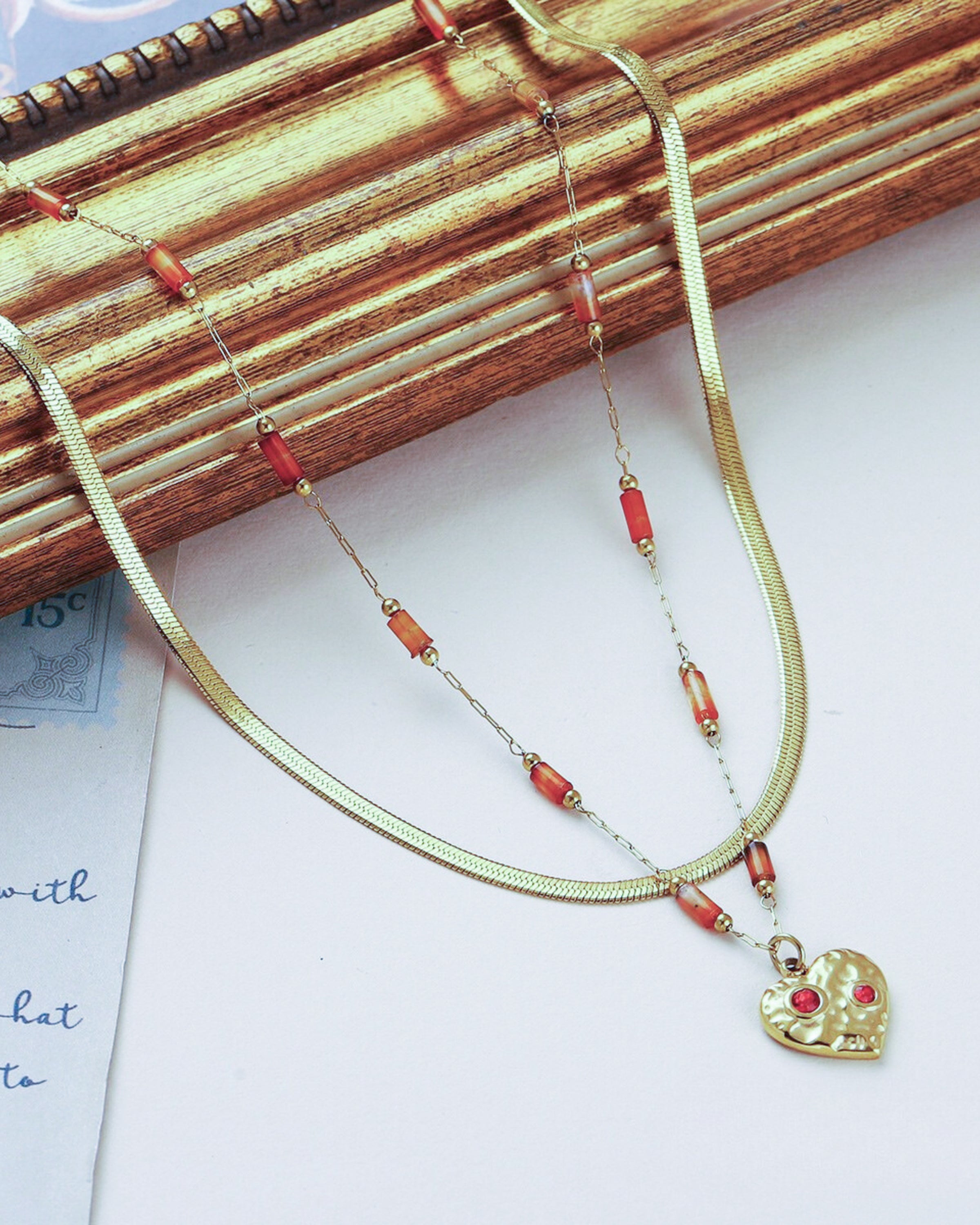 Edelstahl Kettenset 18K vergoldet  Karneol Herz