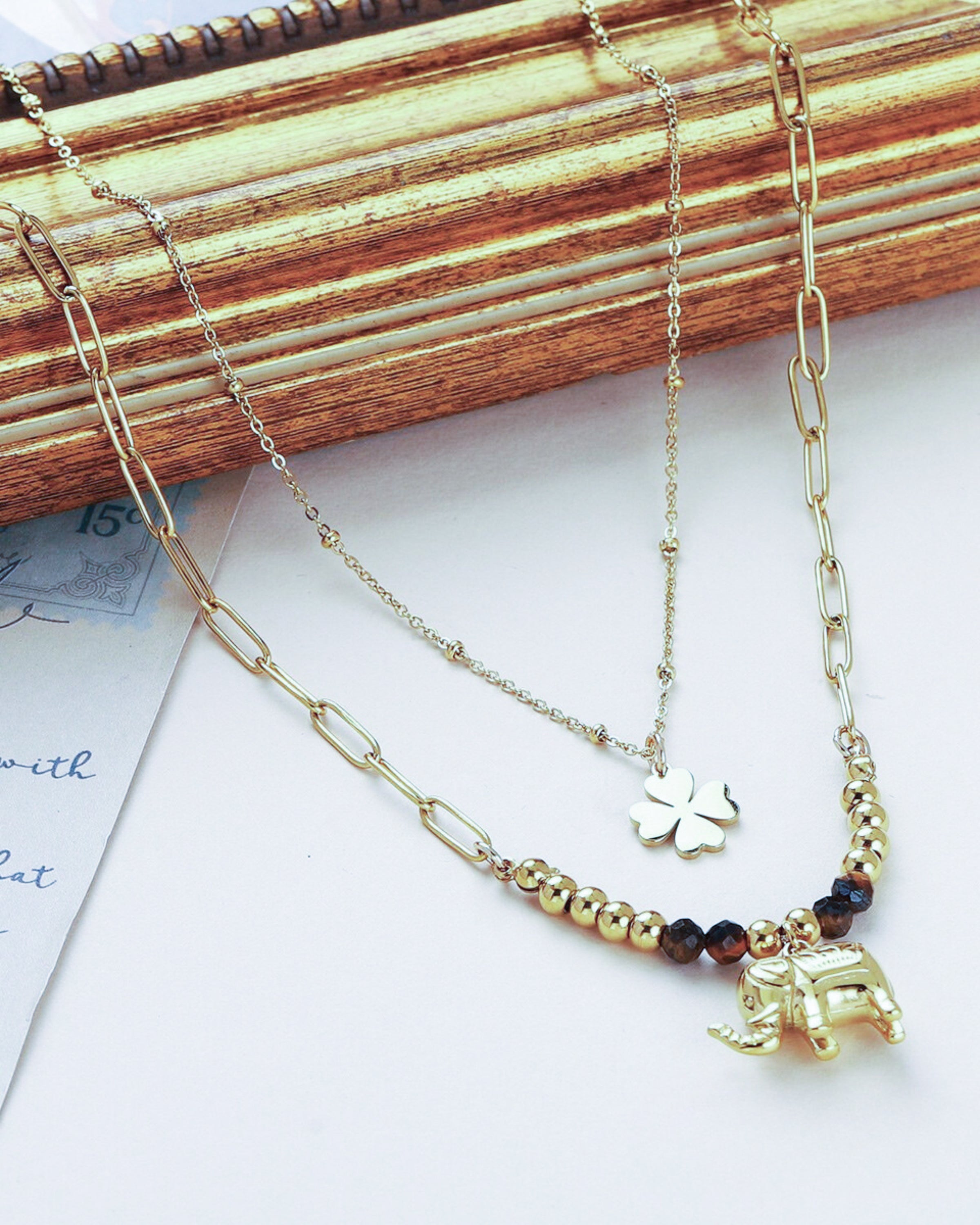 Edelstahl Kettenset 18K vergoldet "doppeltes Glück"