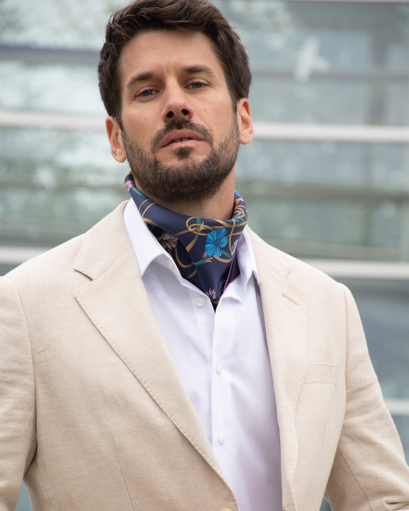 Silk scarf hand-rolled from twill silk, 53x53 Royal Garden dark blue