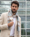 Scarf 100% cashmere, tartan light blue, taupe, white