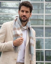 Scarf 100% cashmere, tartan light blue, taupe, white