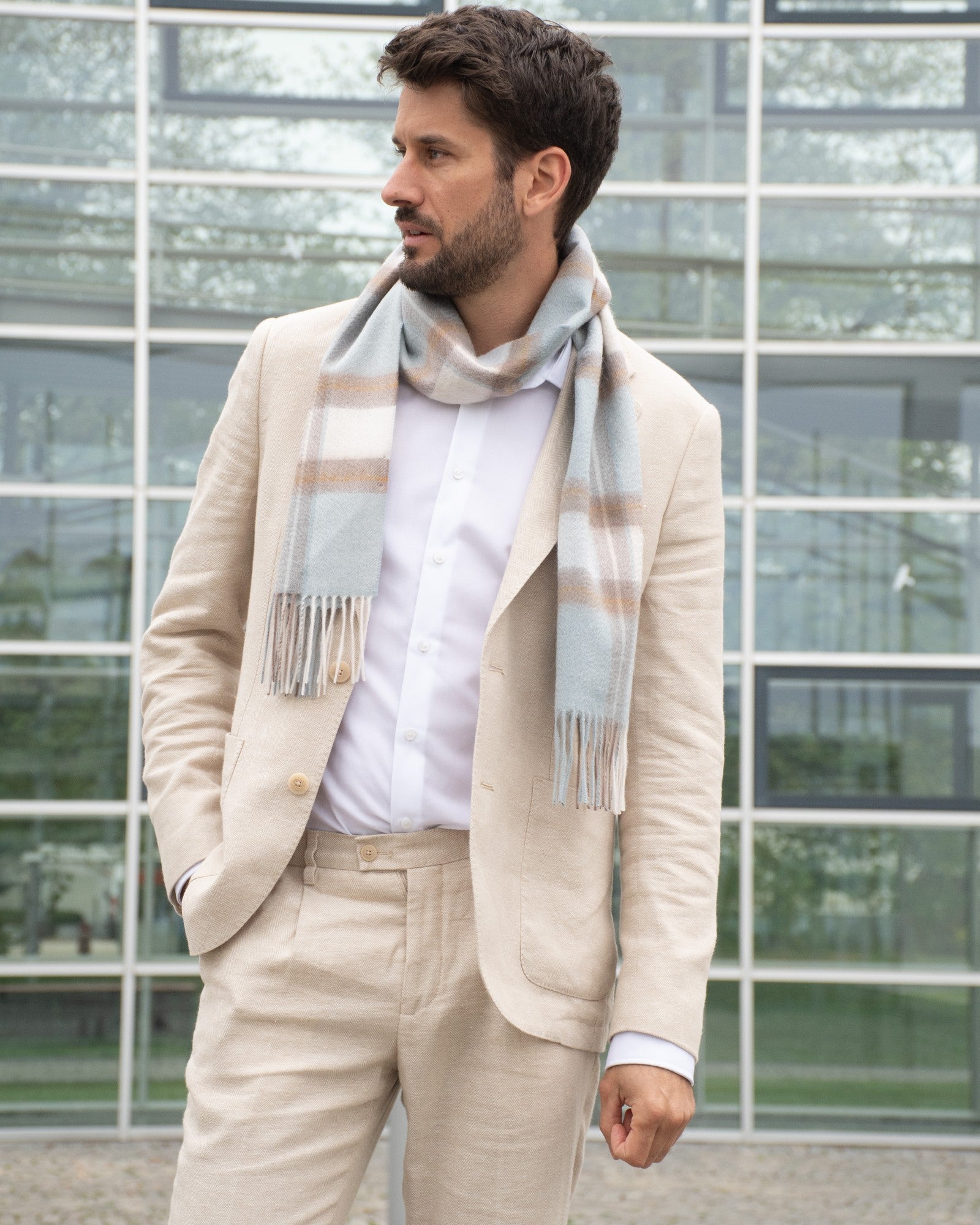 Scarf 100% cashmere, tartan light blue, taupe, white