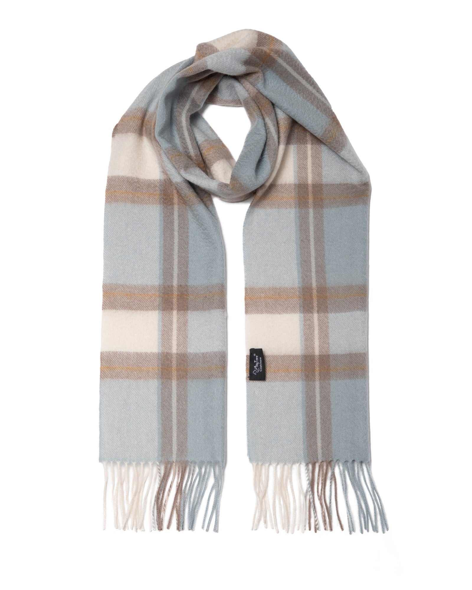 Scarf 100% cashmere, tartan light blue, taupe, white