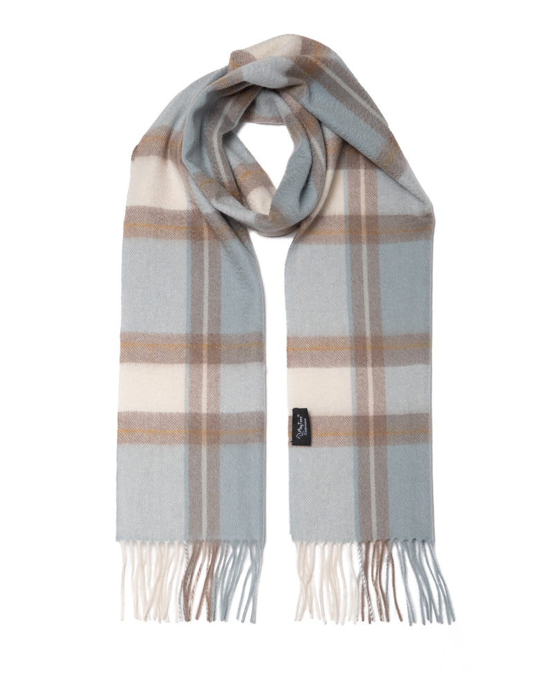 Scarf 100% cashmere, tartan light blue, taupe, white