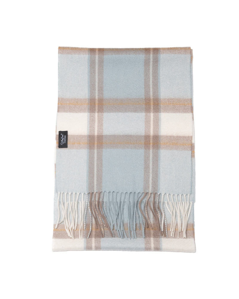 Scarf 100% cashmere, tartan light blue, taupe, white