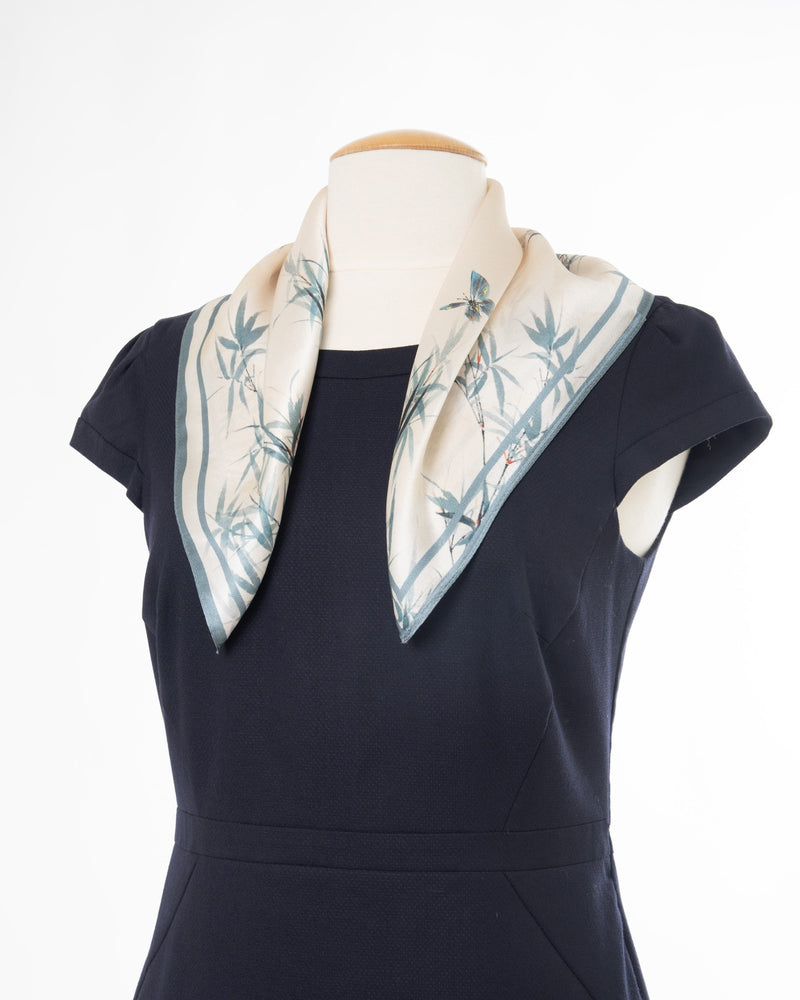 Silk scarf square bamboo and butterfly 53x53 white
