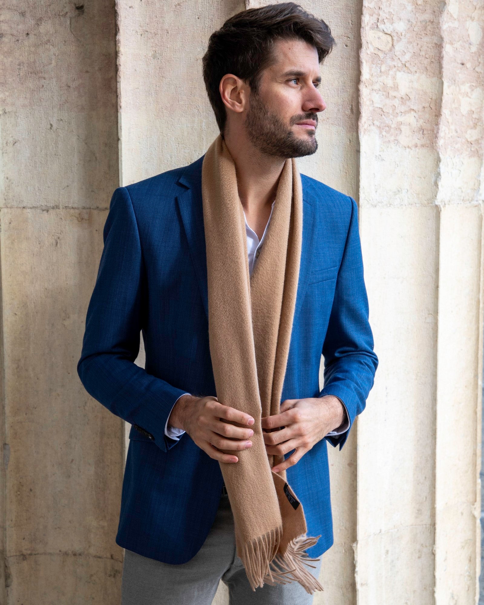 Echarpe 100% cachemire, 180 x 30, tissée, uni camel