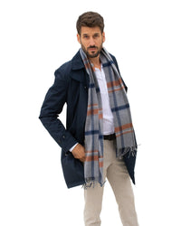 Écharpe cachemire tartan gris blanc bleu