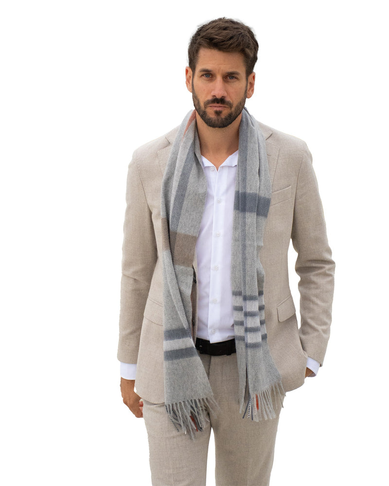 Écharpe cachemire tartan gris blanc marron