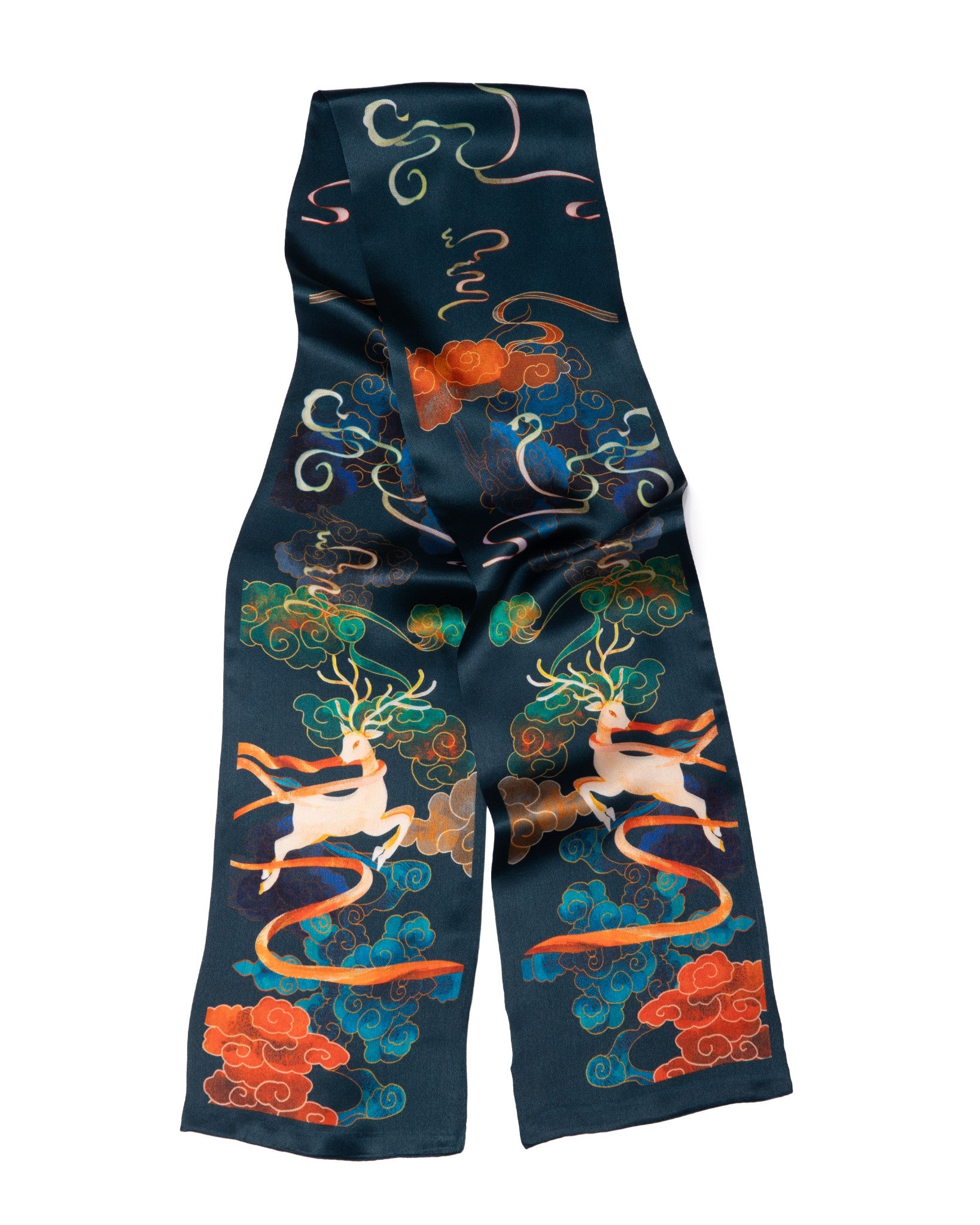 Seidenschal beidseitig, Glückshirsch dunkelblau 16x145