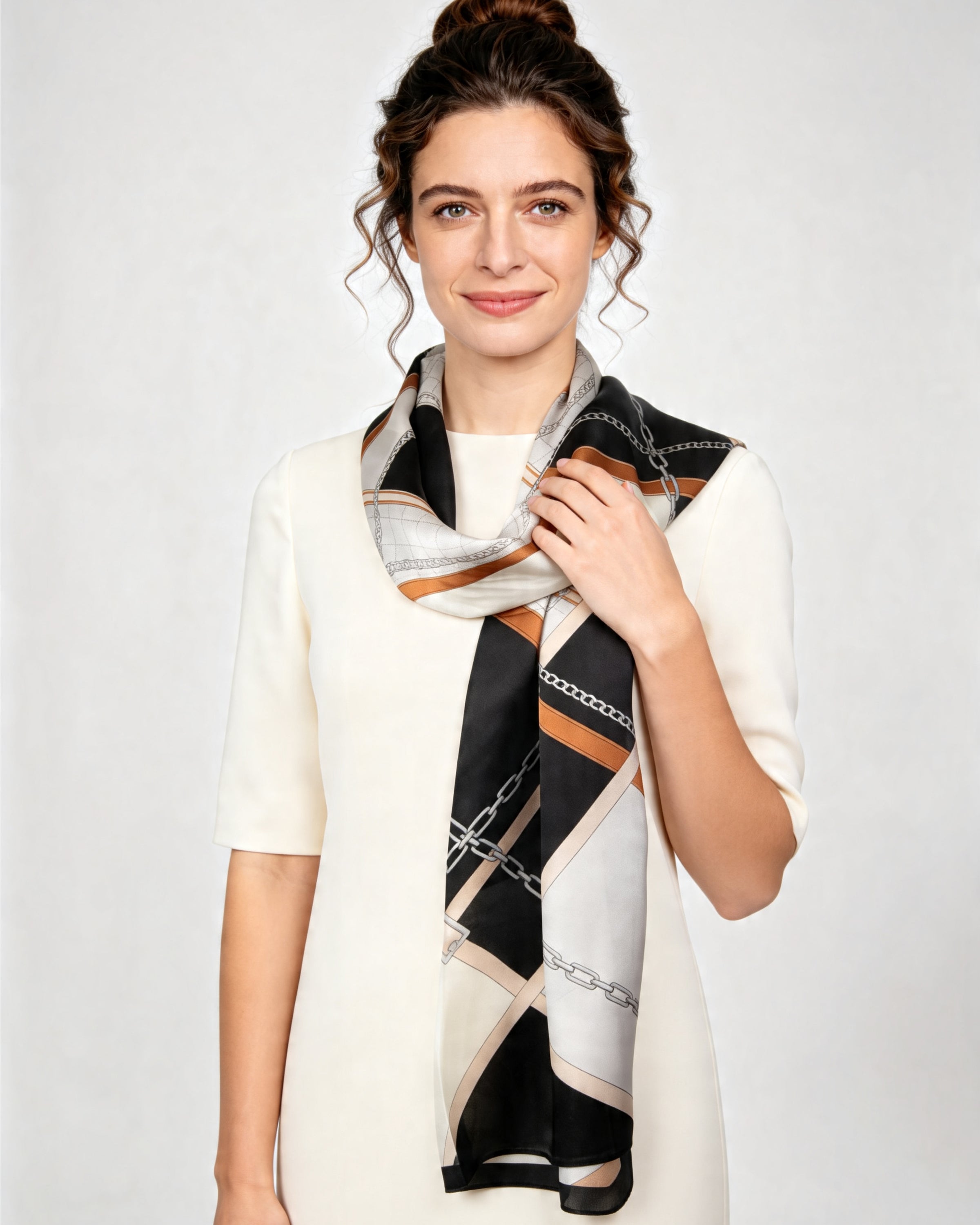 Silk scarf City Chic black beige 55 x 175 cm