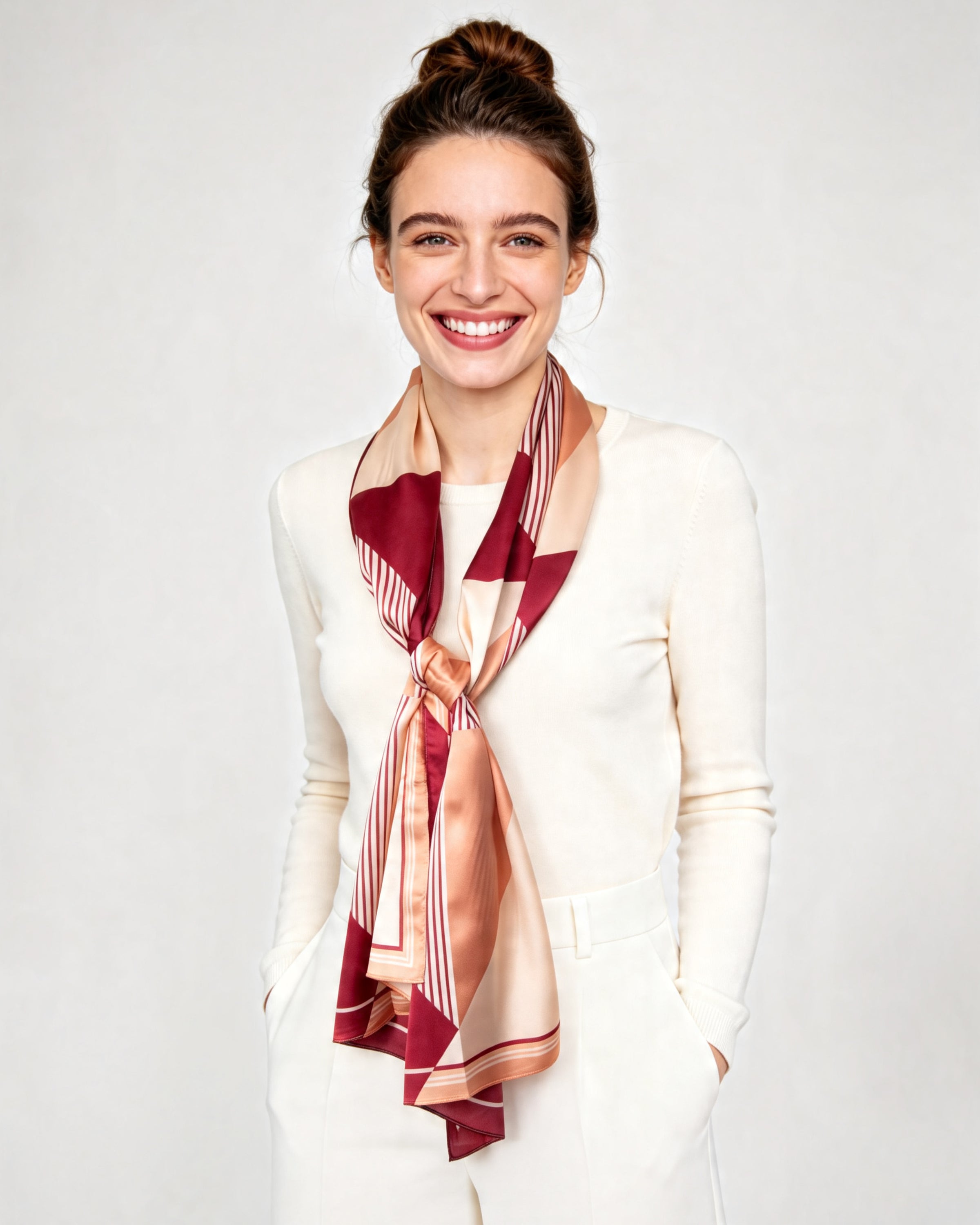 Silk scarf Retro Geometry Bordeaux-beige 55 x 175 cm