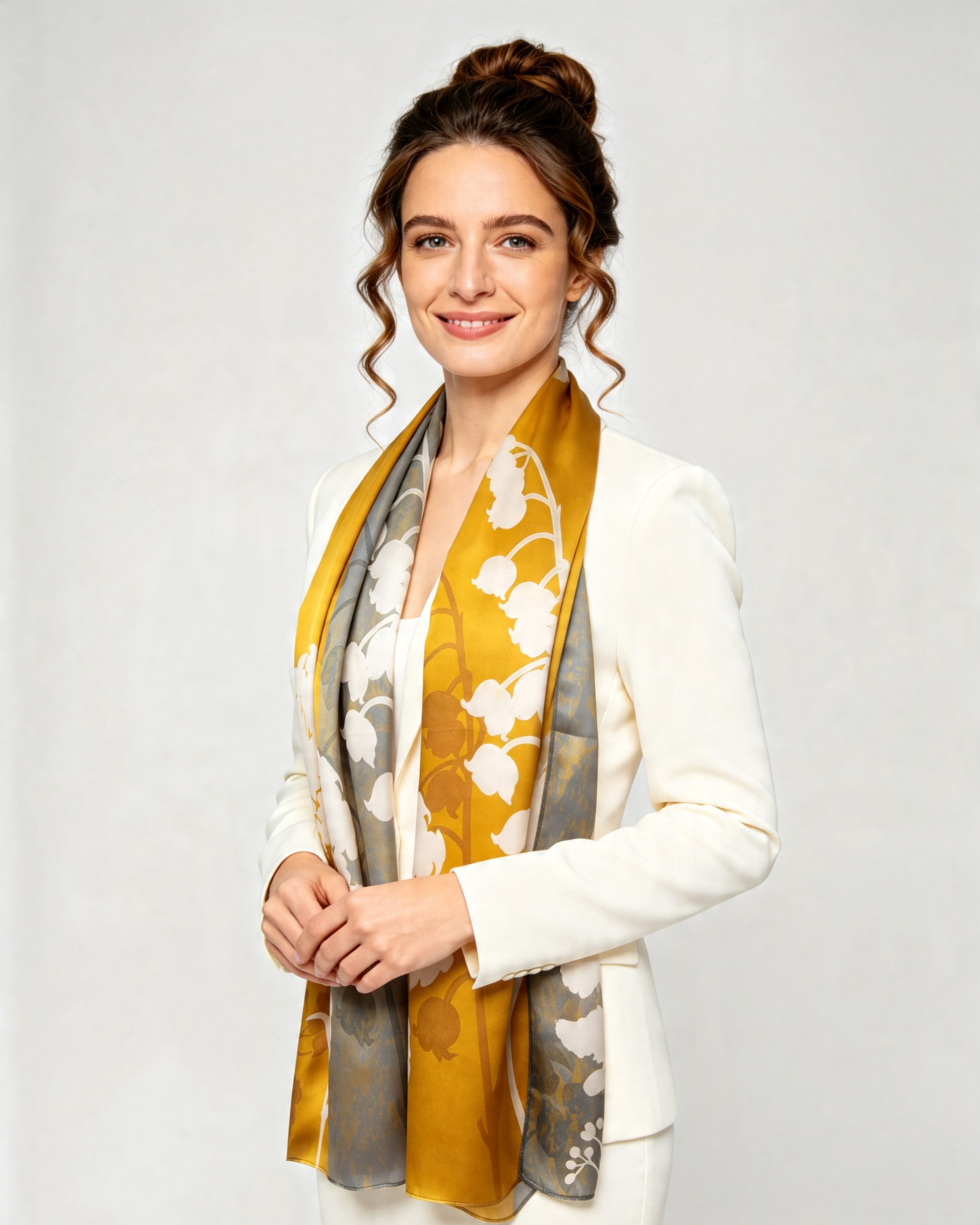Seidenschal Maiglöckchen Taupe-Gold 55 x 175 cm
