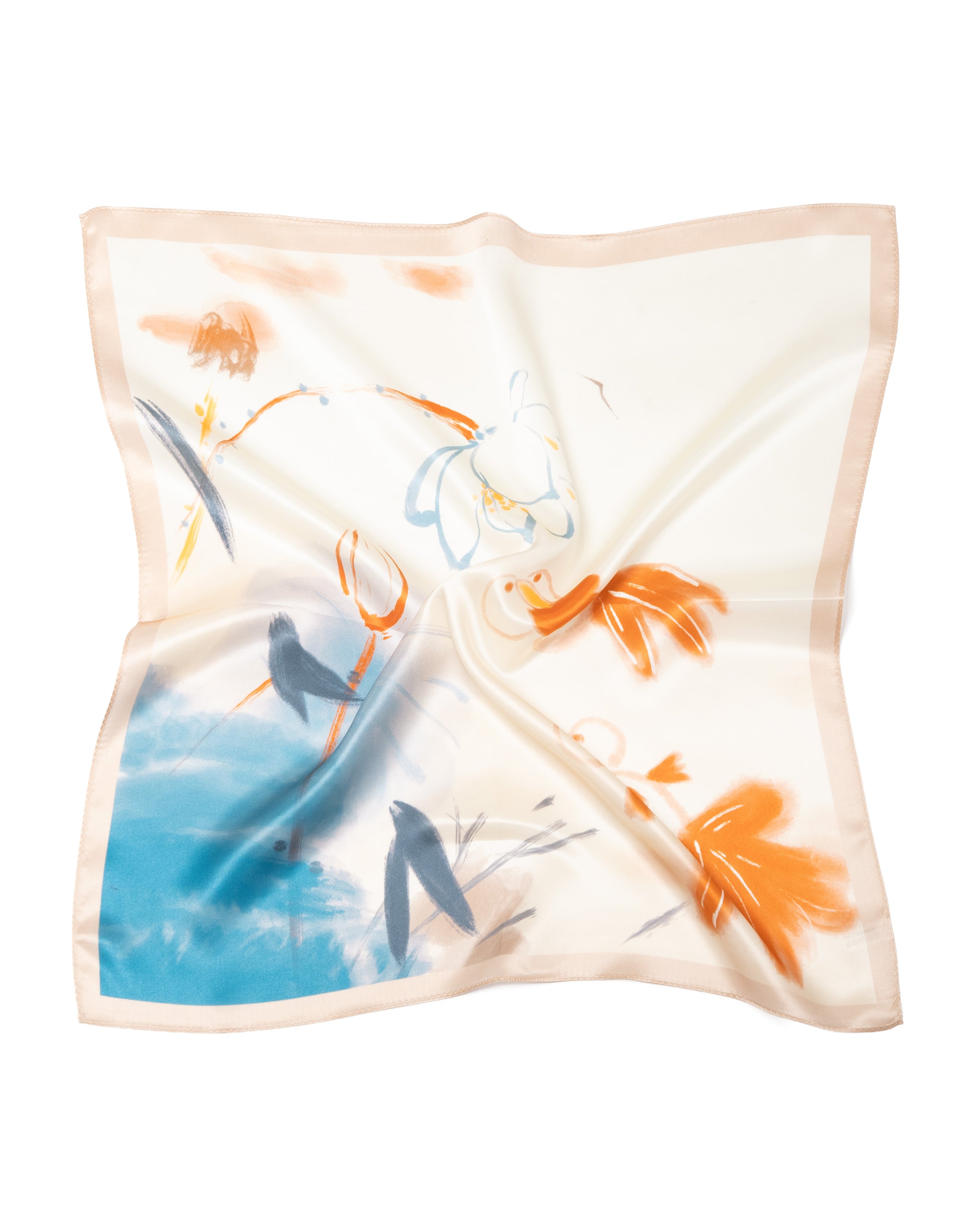 Silk scarf premium square lotus and goldfish 53x53