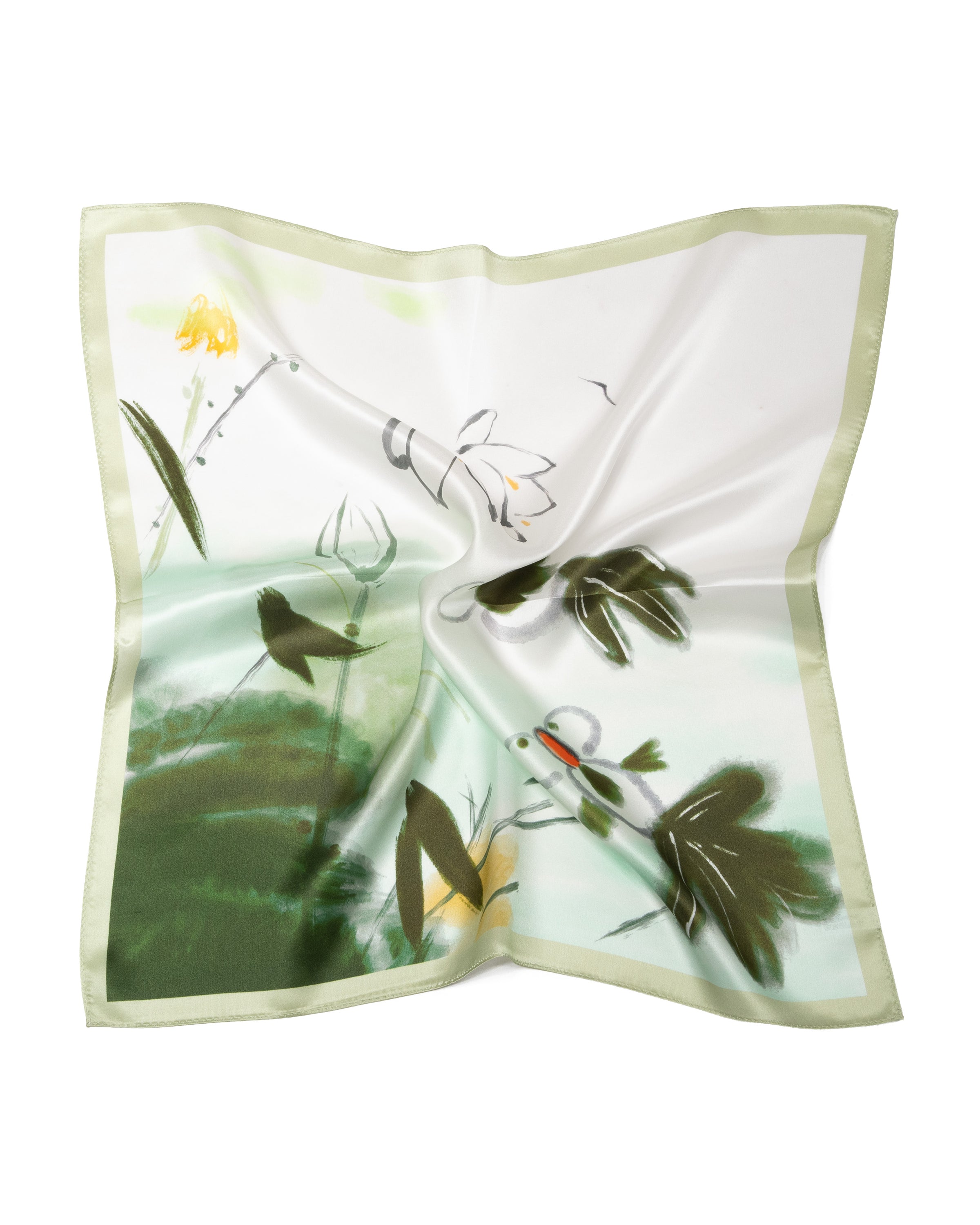 Silk scarf premium square lotus and goldfish 53x53