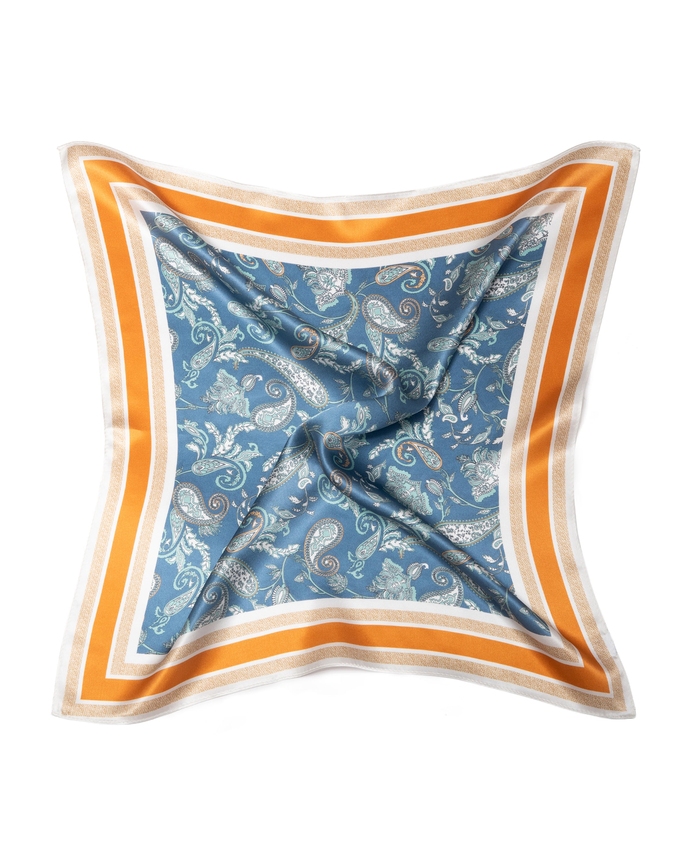 Carré de soie Paisley 53x53 bleu jean orange