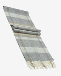 Echarpe 100% cachemire, 180 x 30, tissée, à carreaux gris beige