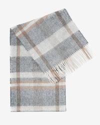 Echarpe 100% cachemire, 180 x 30, tissée, à carreaux gris beige