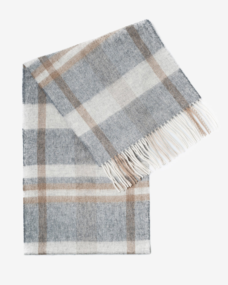 Echarpe 100% cachemire, 180 x 30, tissée, à carreaux gris beige