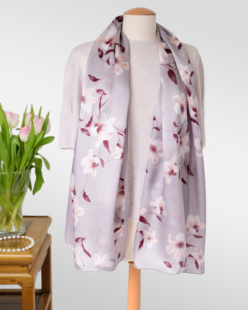 Silk scarf hibiscus gray